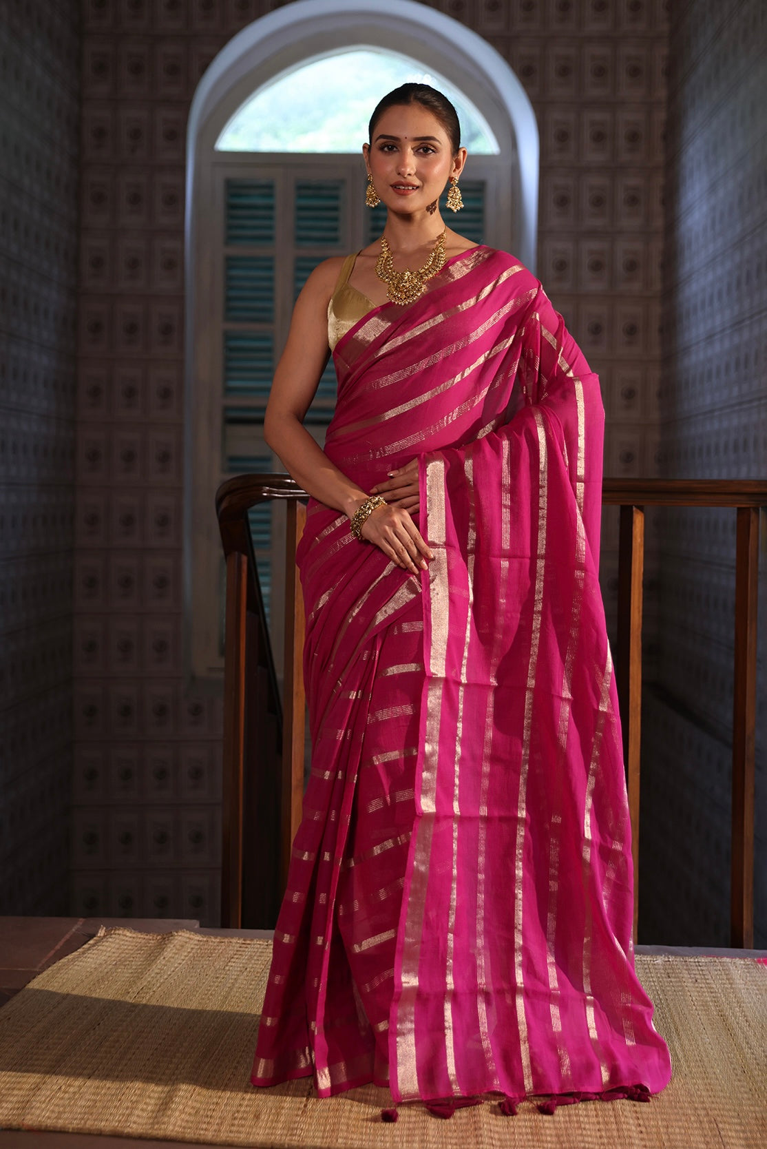 Magenta Golden stripes Mulmul Cotton Saree