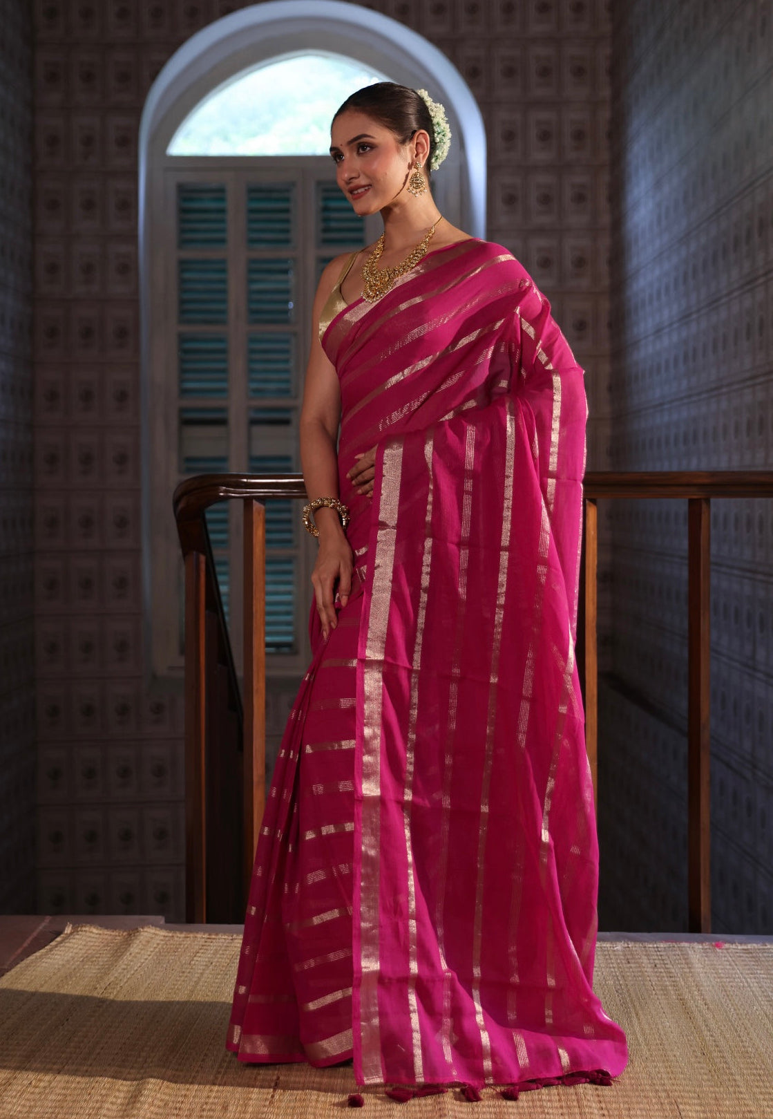 Magenta Golden stripes Mulmul Cotton Saree