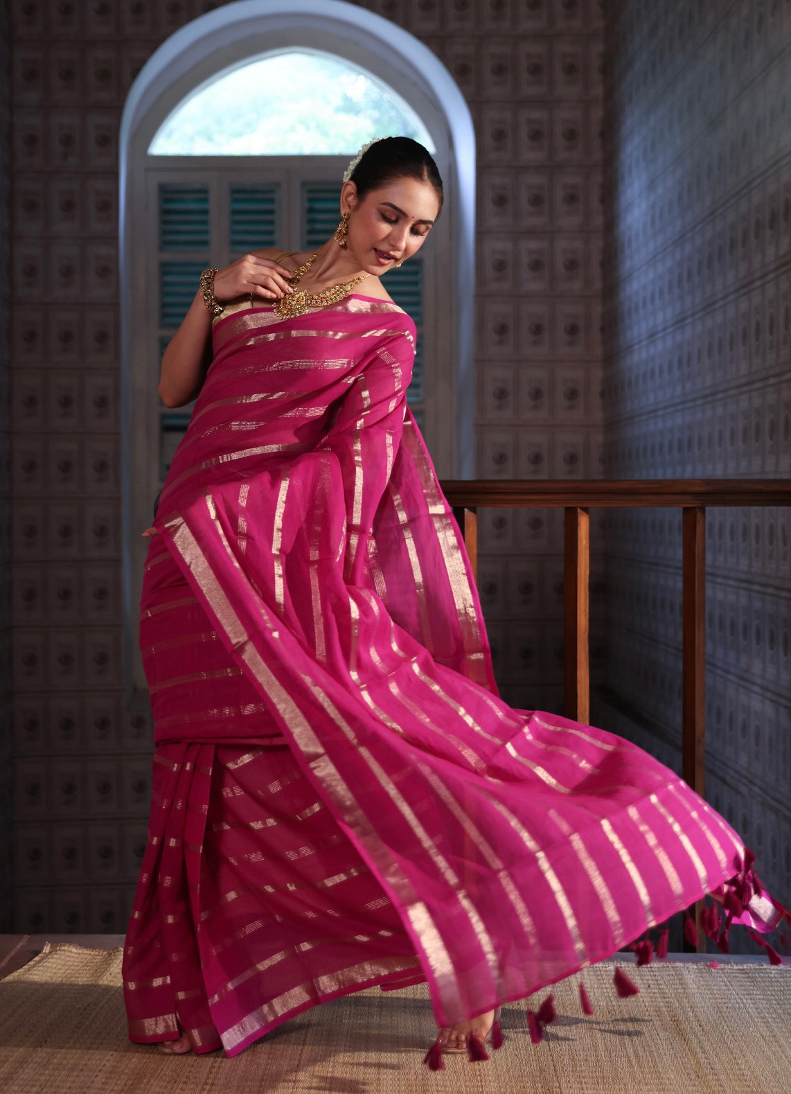 Magenta Golden stripes Mulmul Cotton Saree