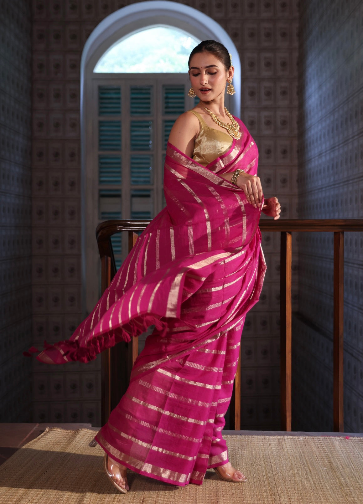 Magenta Golden stripes Mulmul Cotton Saree