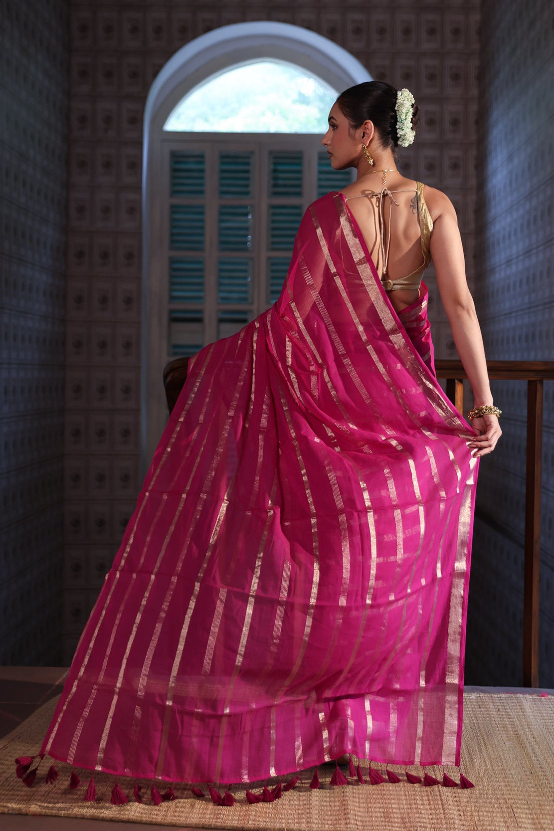 Magenta Golden stripes Mulmul Cotton Saree