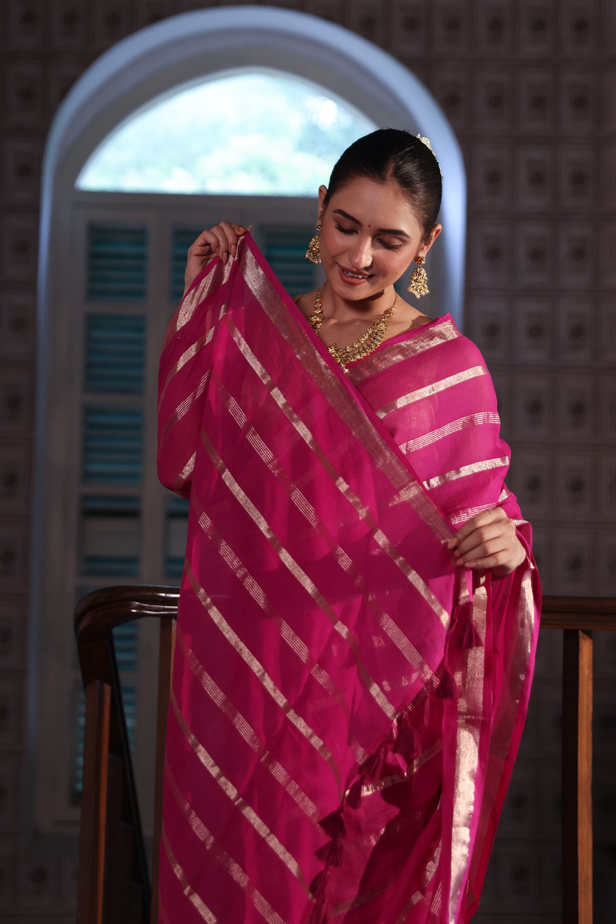 Magenta Golden stripes Mulmul Cotton Saree