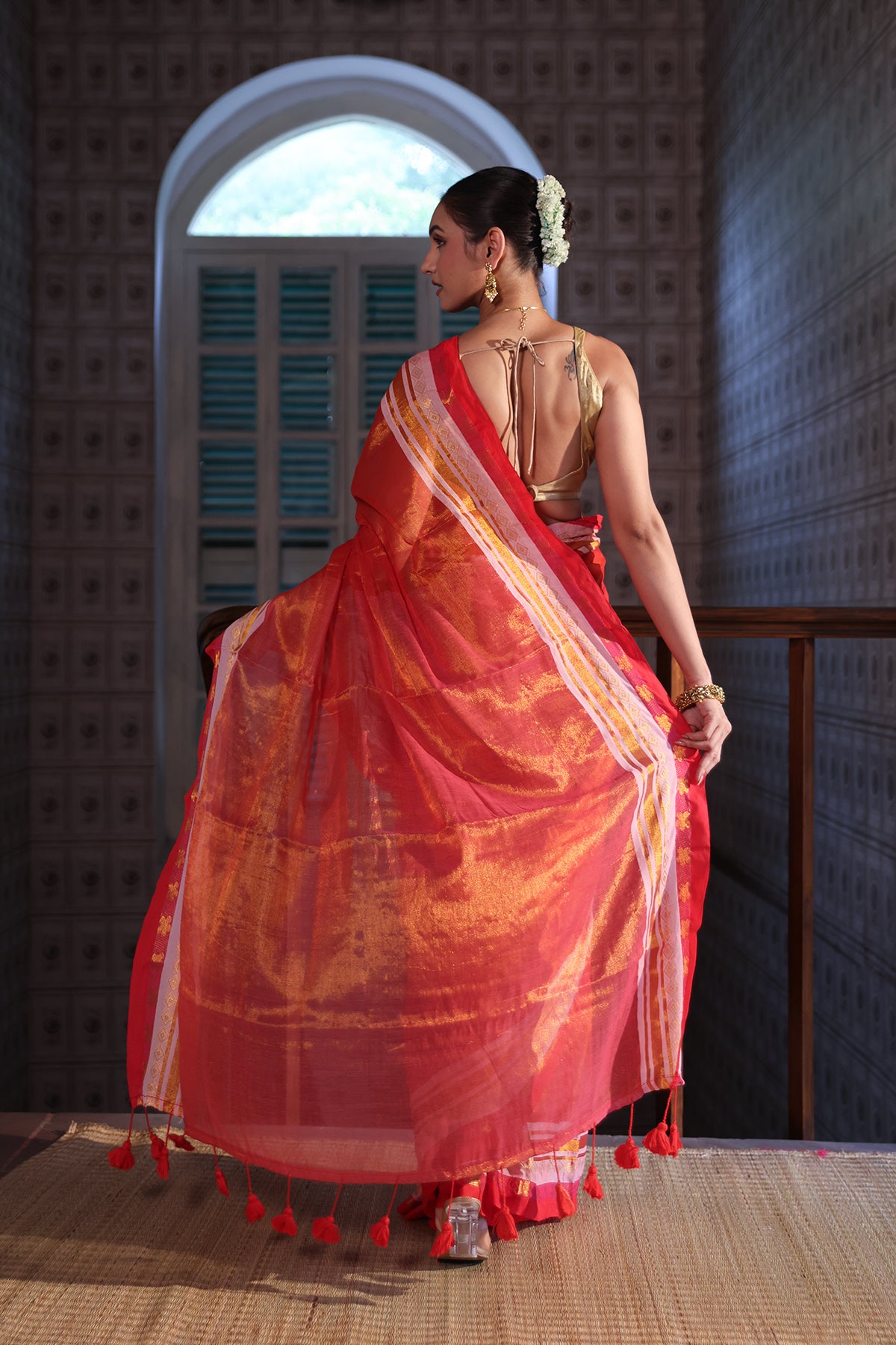 Orange & Pink Golden Dual Tone Tissue Mulmul Cotton Saree