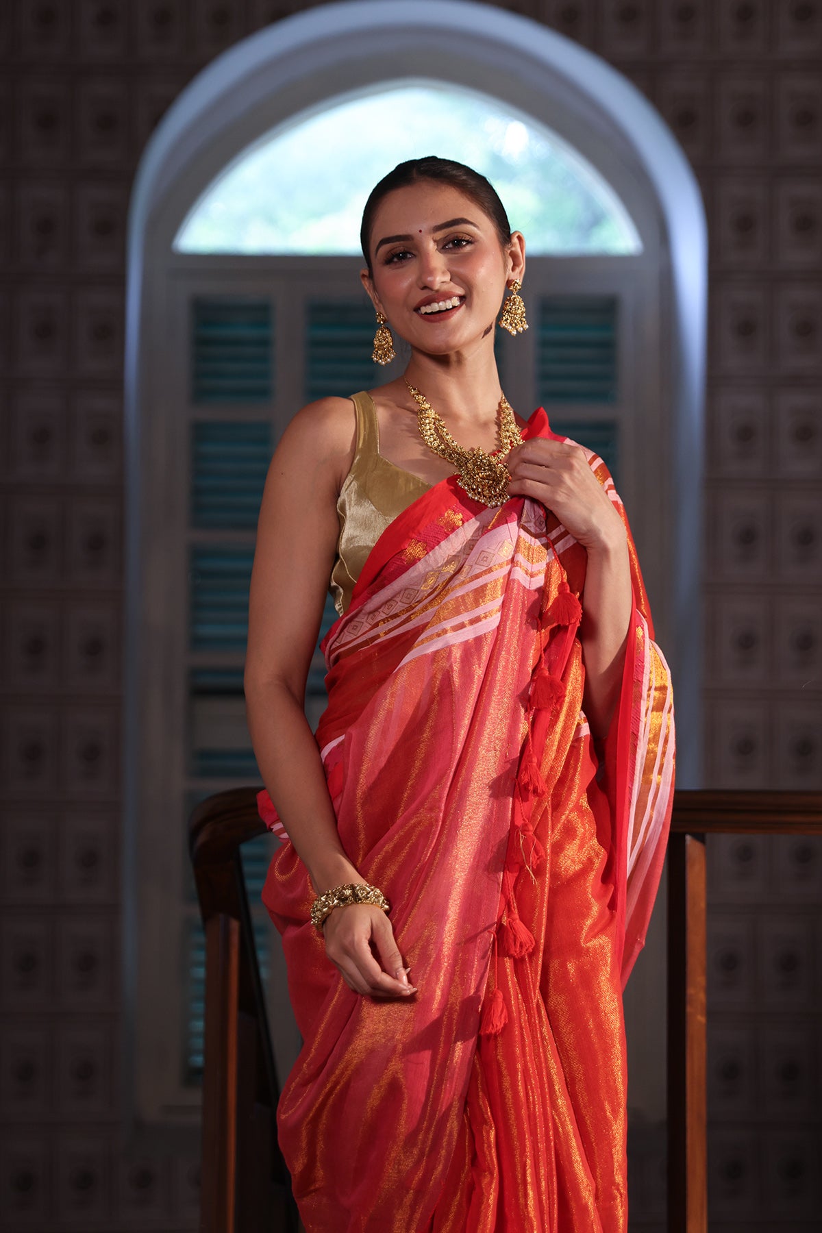 Orange & Pink Golden Dual Tone Tissue Mulmul Cotton Saree