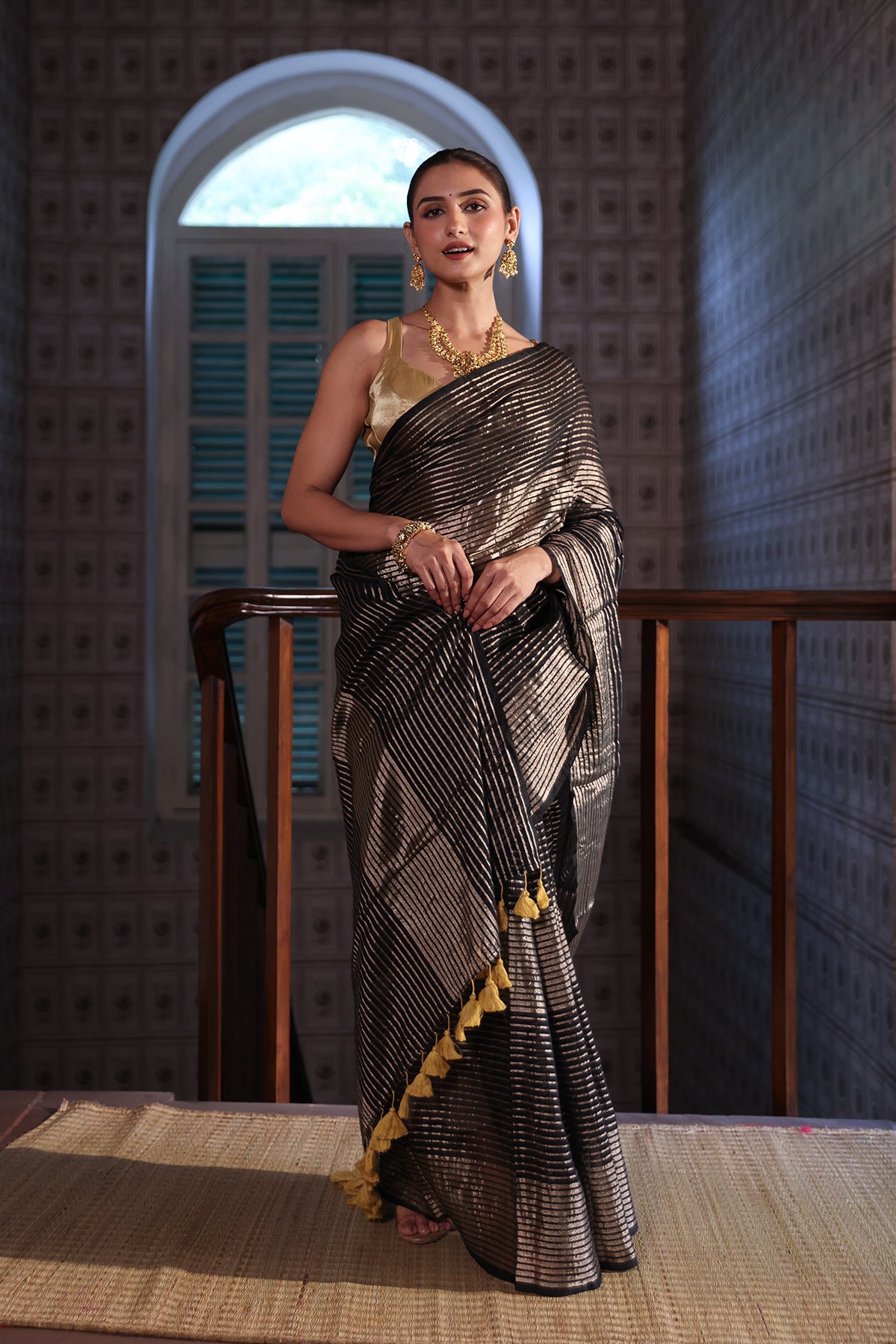 Black Mulmul Cotton Saree with Pale Gold Zari Checks