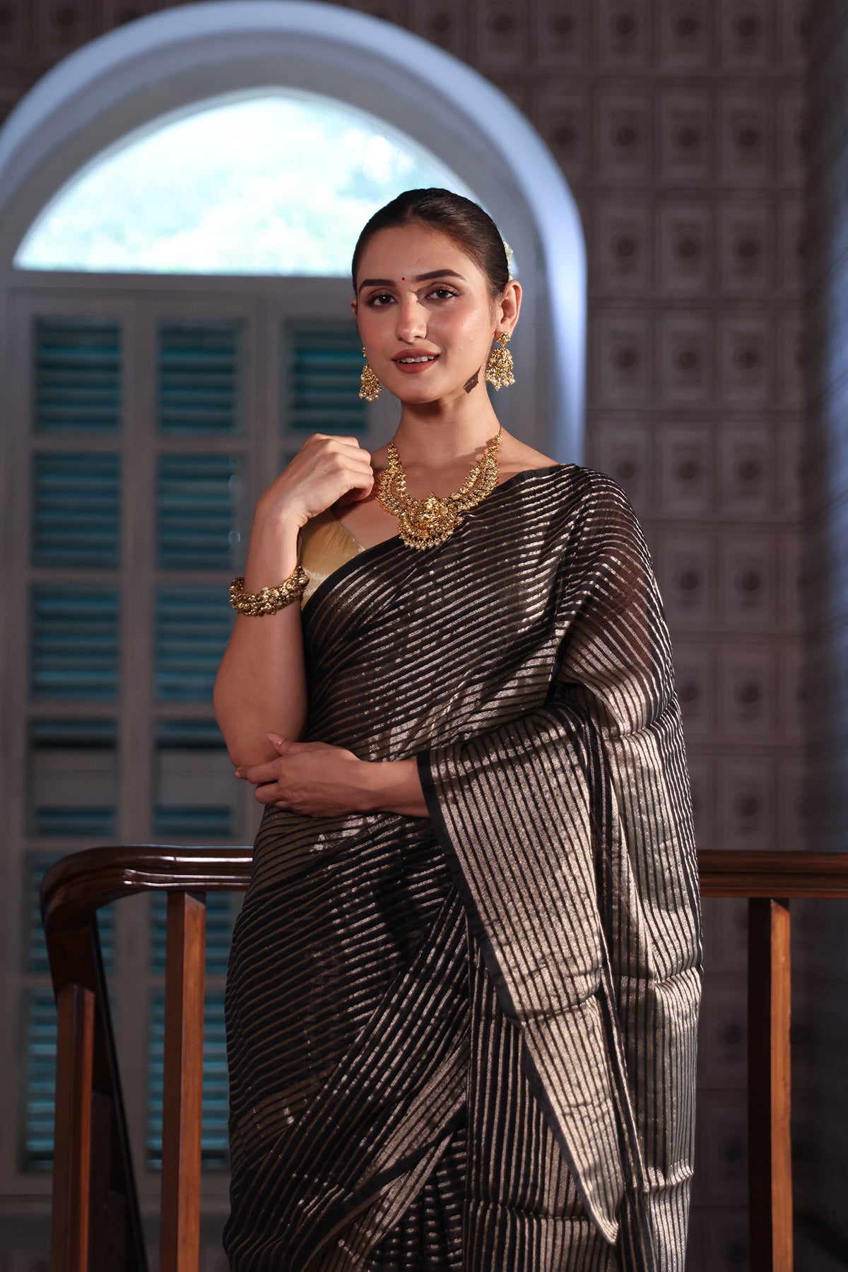 Black Mulmul Cotton Saree with Pale Gold Zari Checks