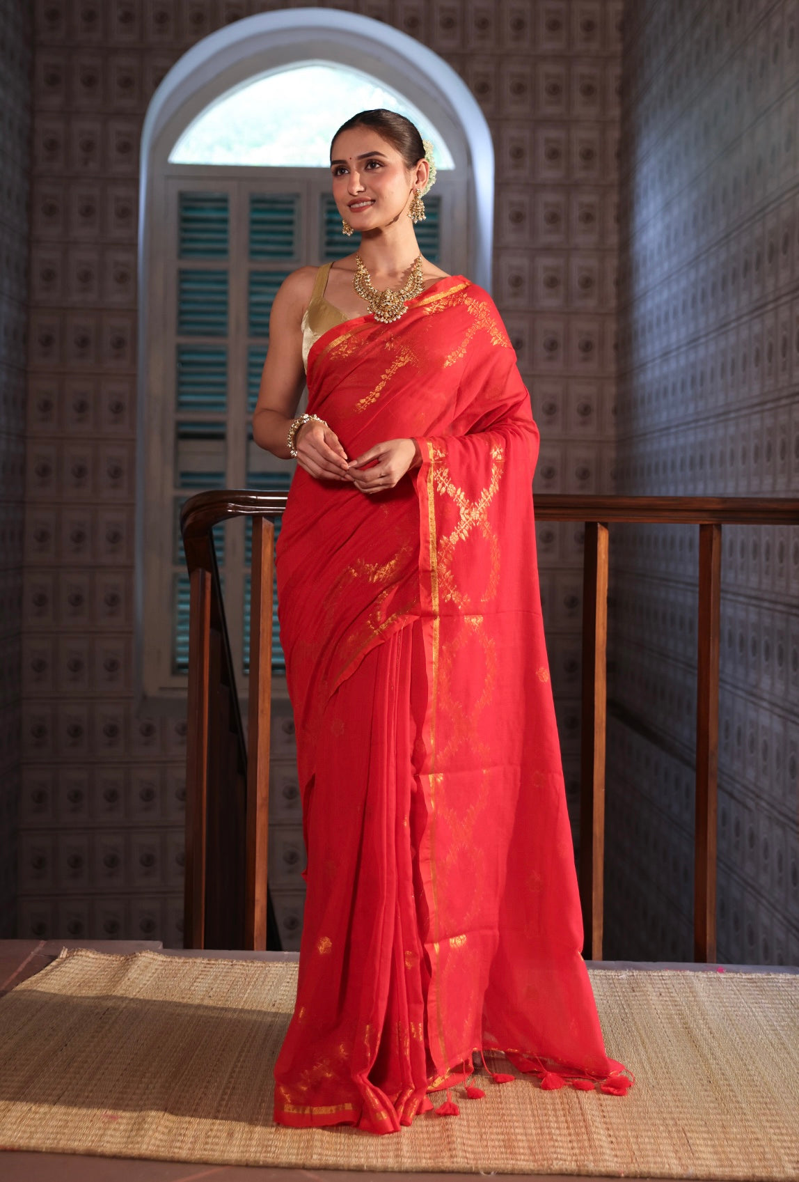 Red Mulmul Cotton Saree with All-Over Gold Thread Work