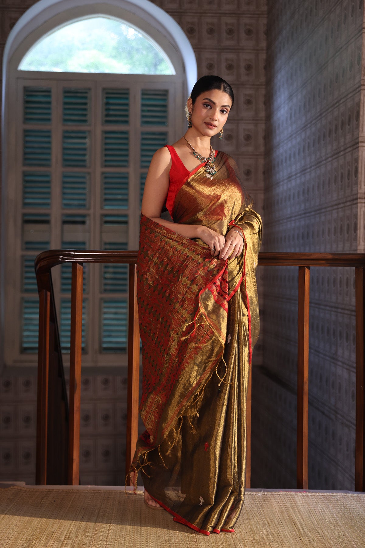 Metallic Copper dual tone Tissue Linen Handwoven Saree