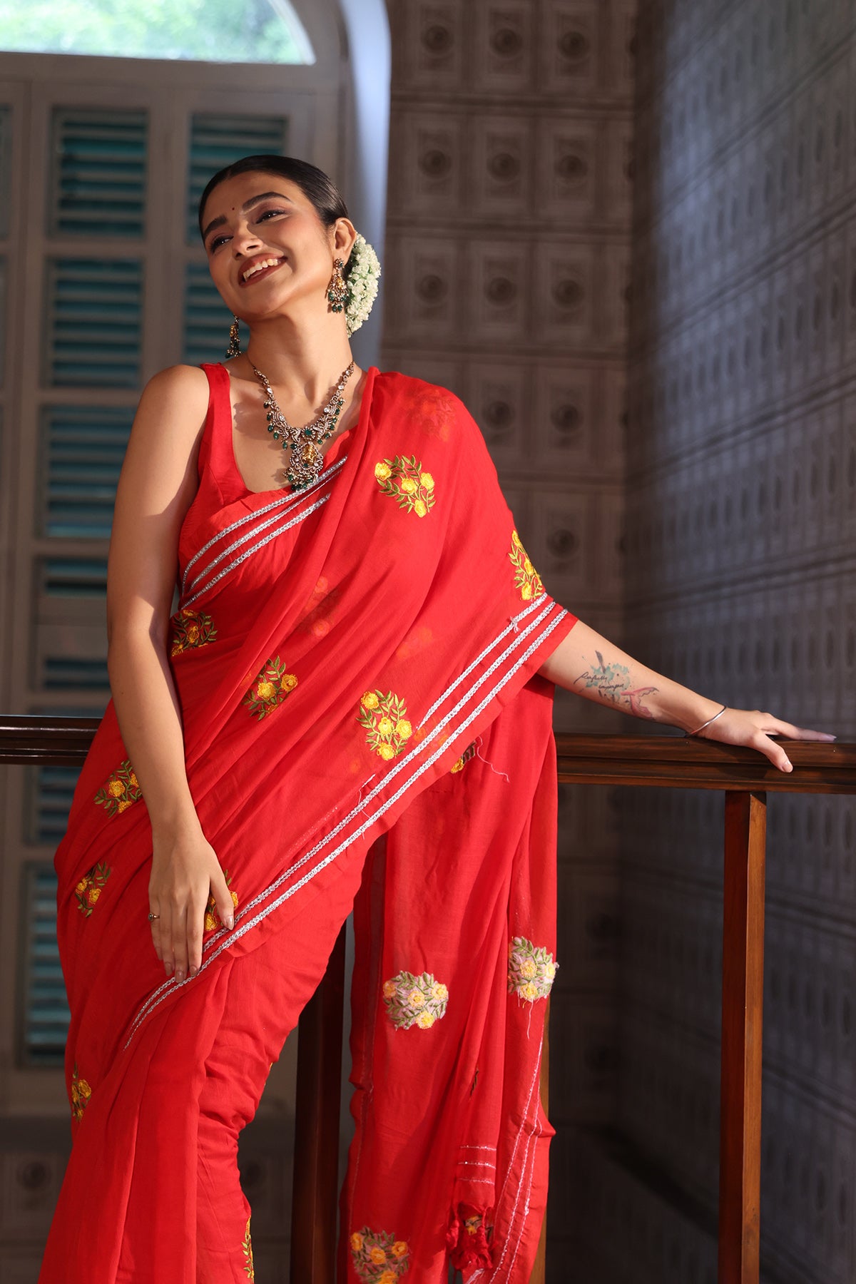 Lavanya Red Mul Mul Cotton Saree With Embroidery Work