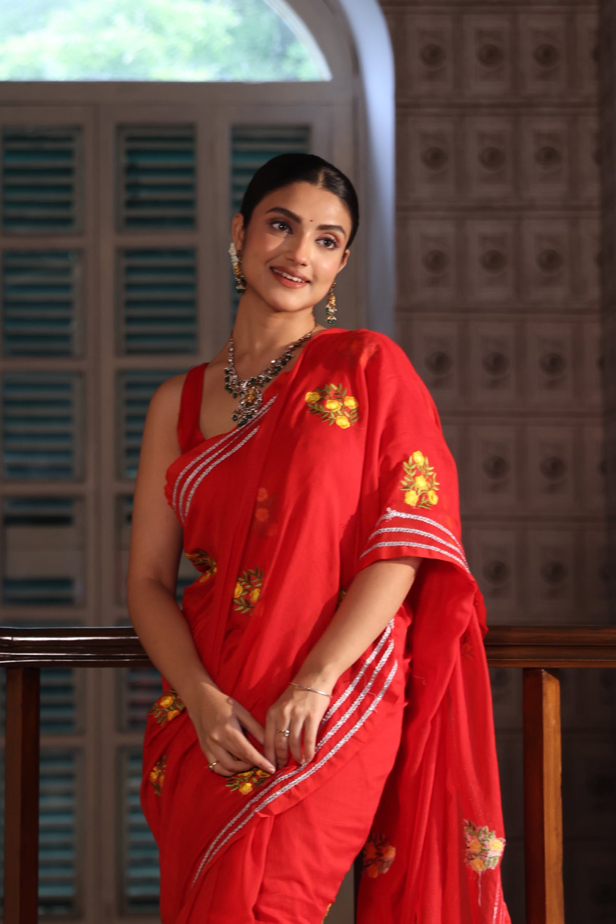 Lavanya Red Mul Mul Cotton Saree With Embroidery Work
