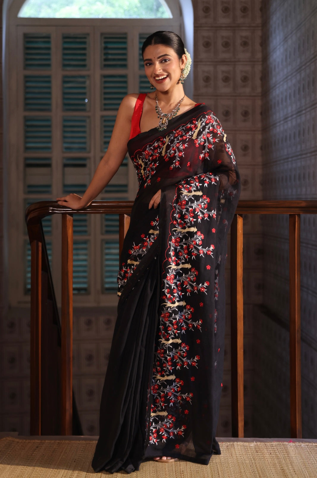 Roshni Raga Mul Mul Cotton Embroidery Saree- Black & Red