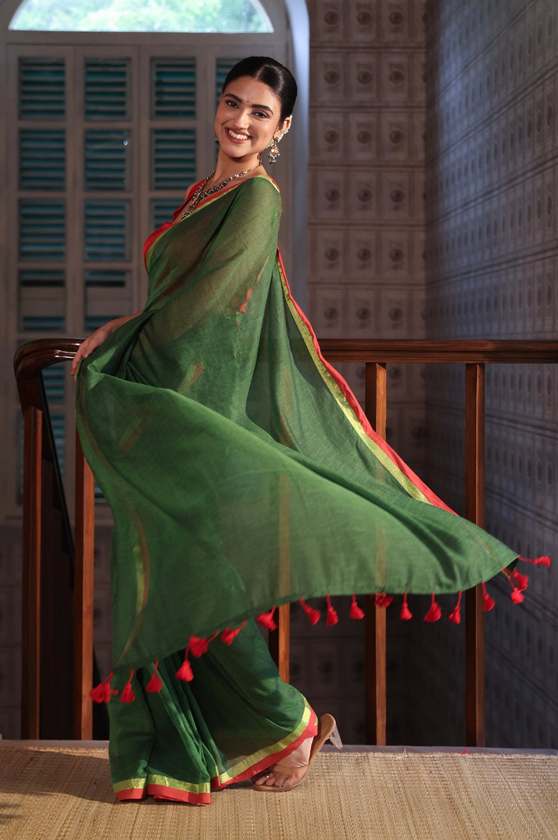 Green Mulmul Cotton Saree With Red Golden Border