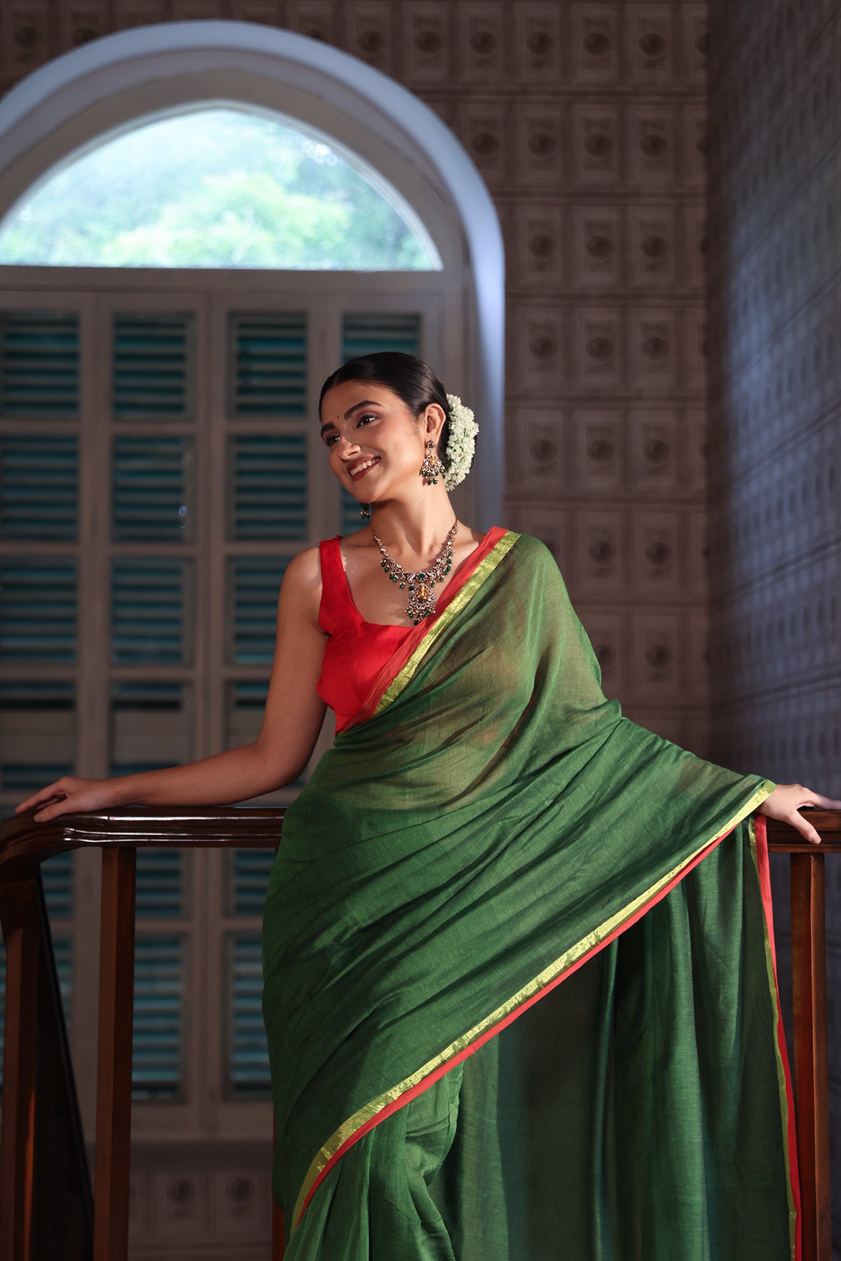 Green Mulmul Cotton Saree With Red Golden Border