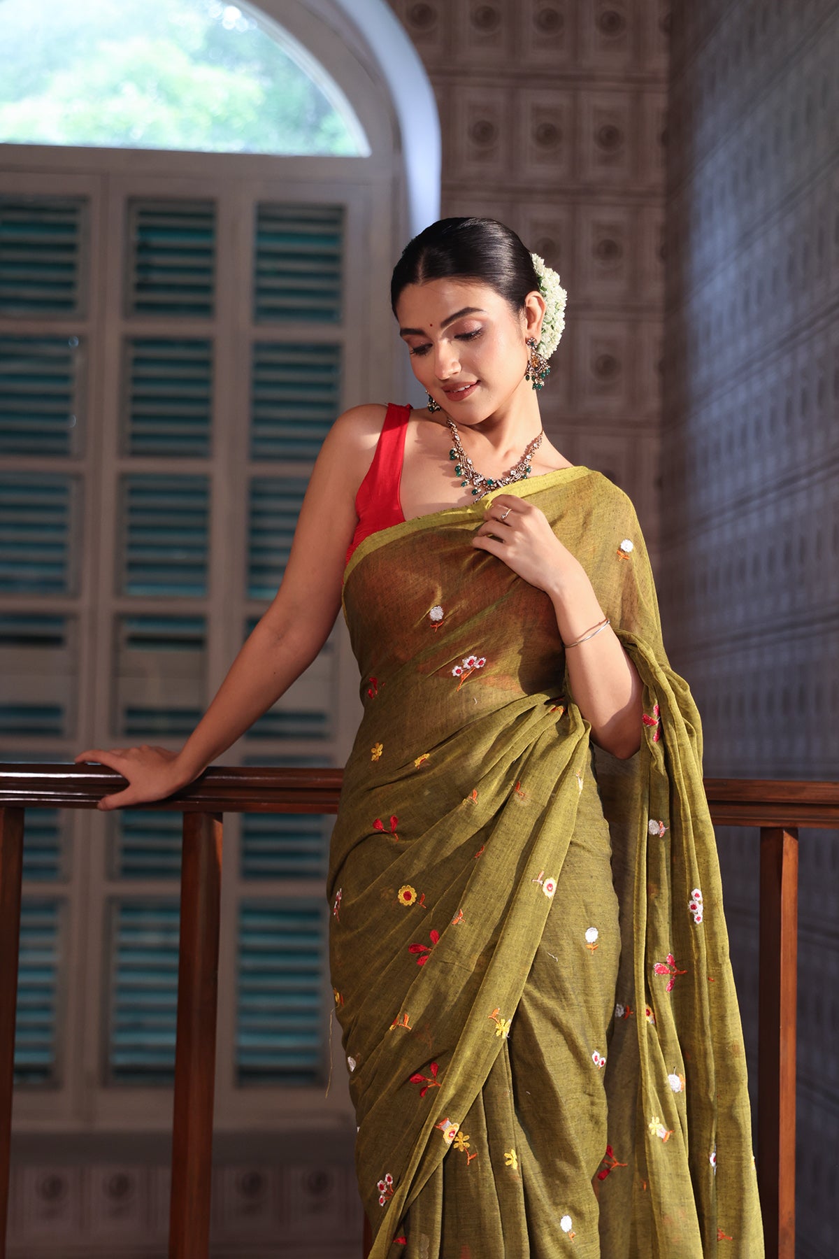 Olive Embroidered Mul Mul Cotton
