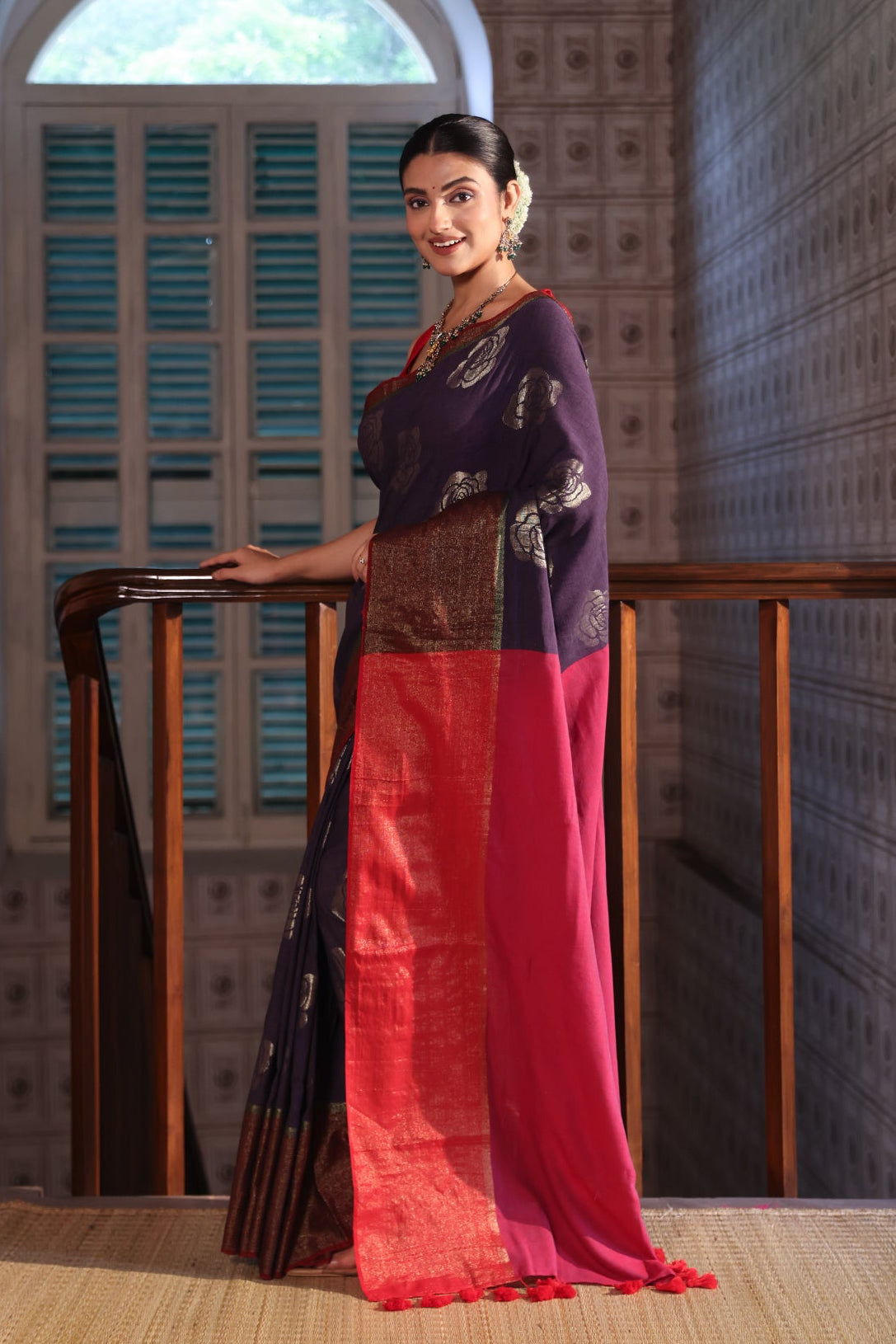 RED AND LAVENDER COTTON ACRYLIC SAREE