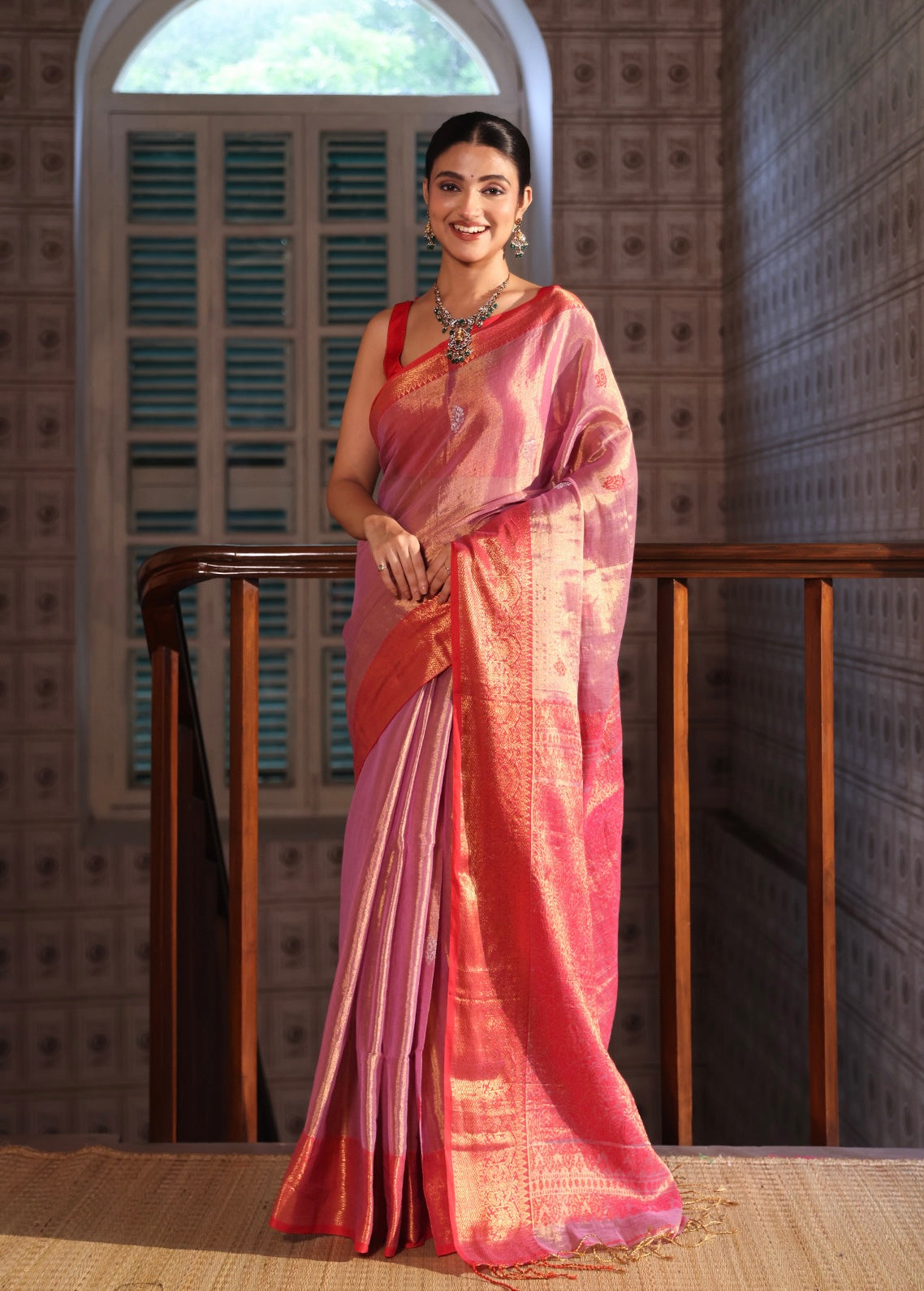 Metallic bubble Pink dual Tissue Linen Handwoven Saree