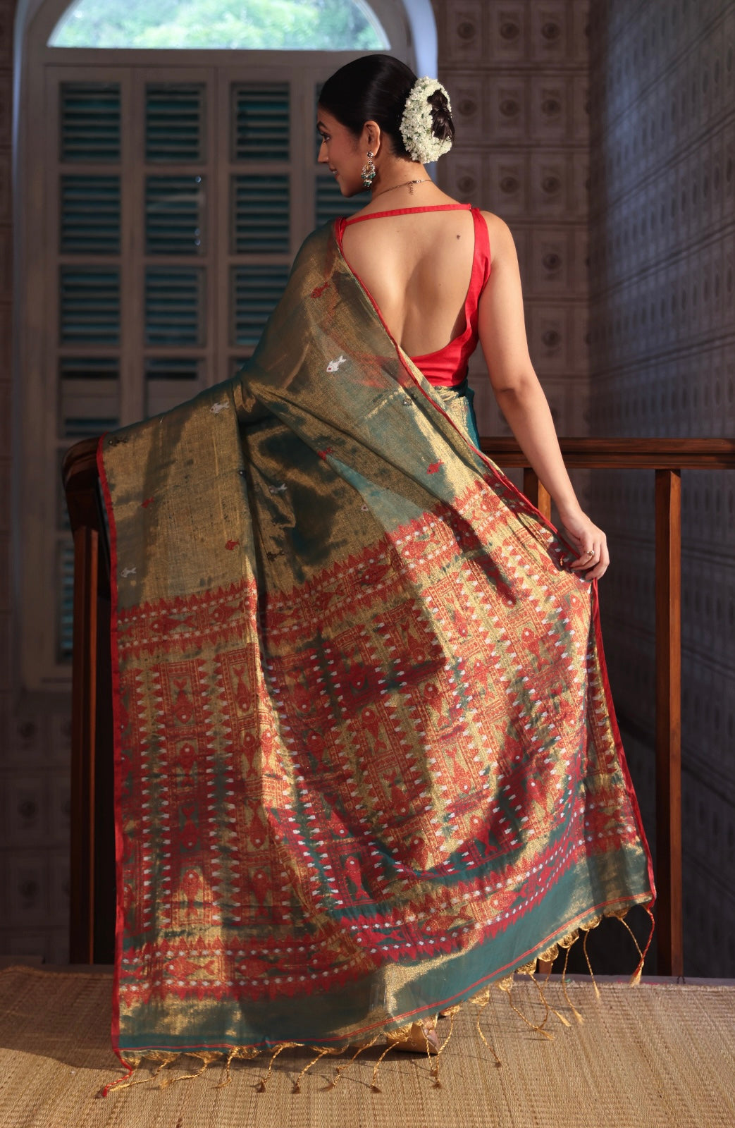 Metallic Persian green dual tone Tissue Linen Handwoven Saree