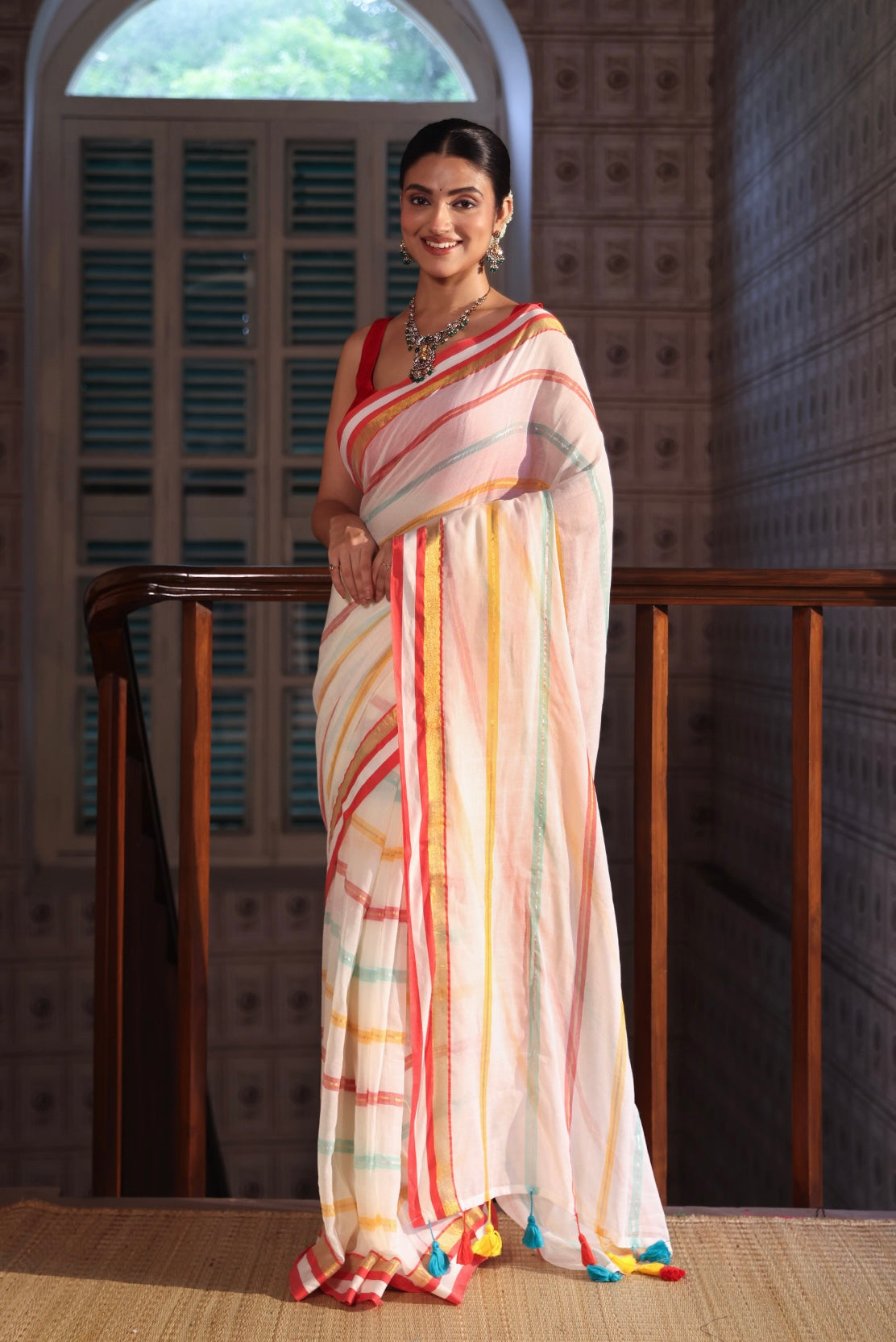 Off white Stripes Mul Mul Cotton Saree