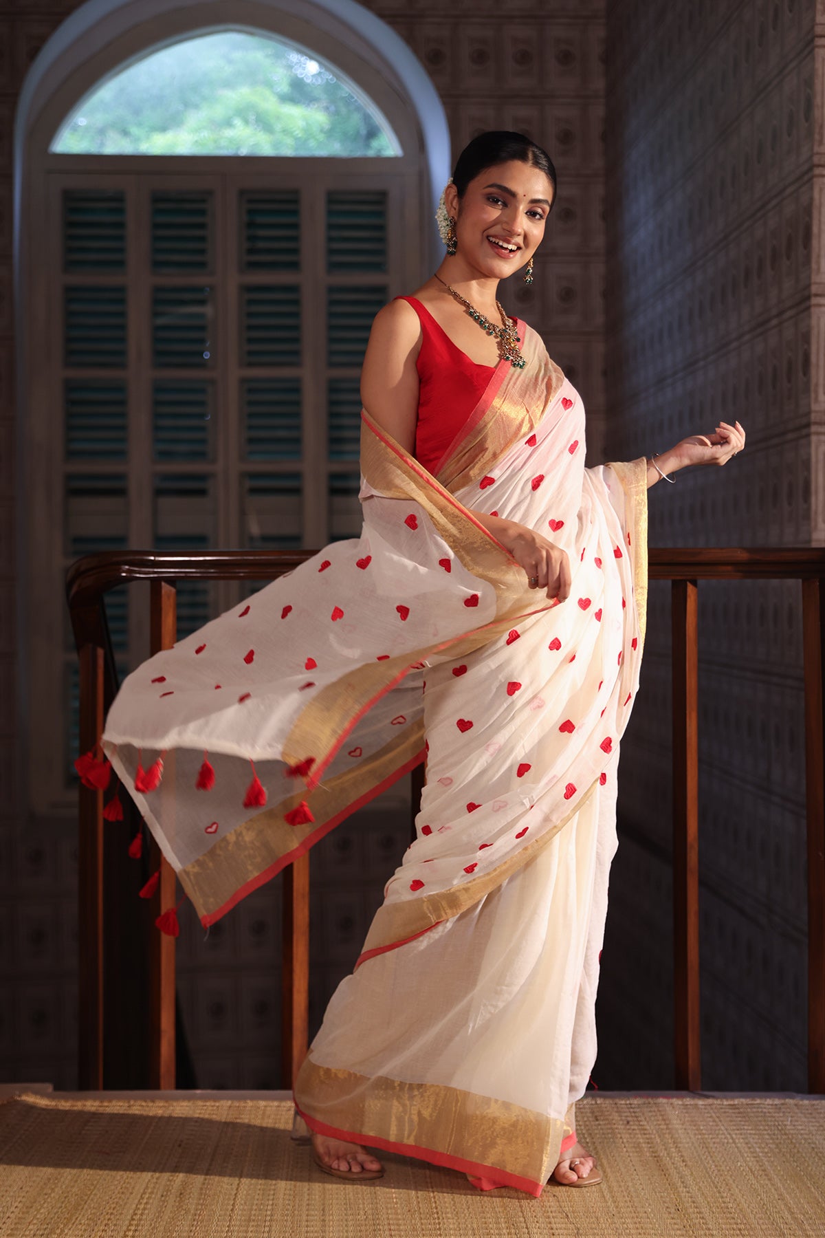 Off white Love embroidery Pure Mulmul Cotton Saree