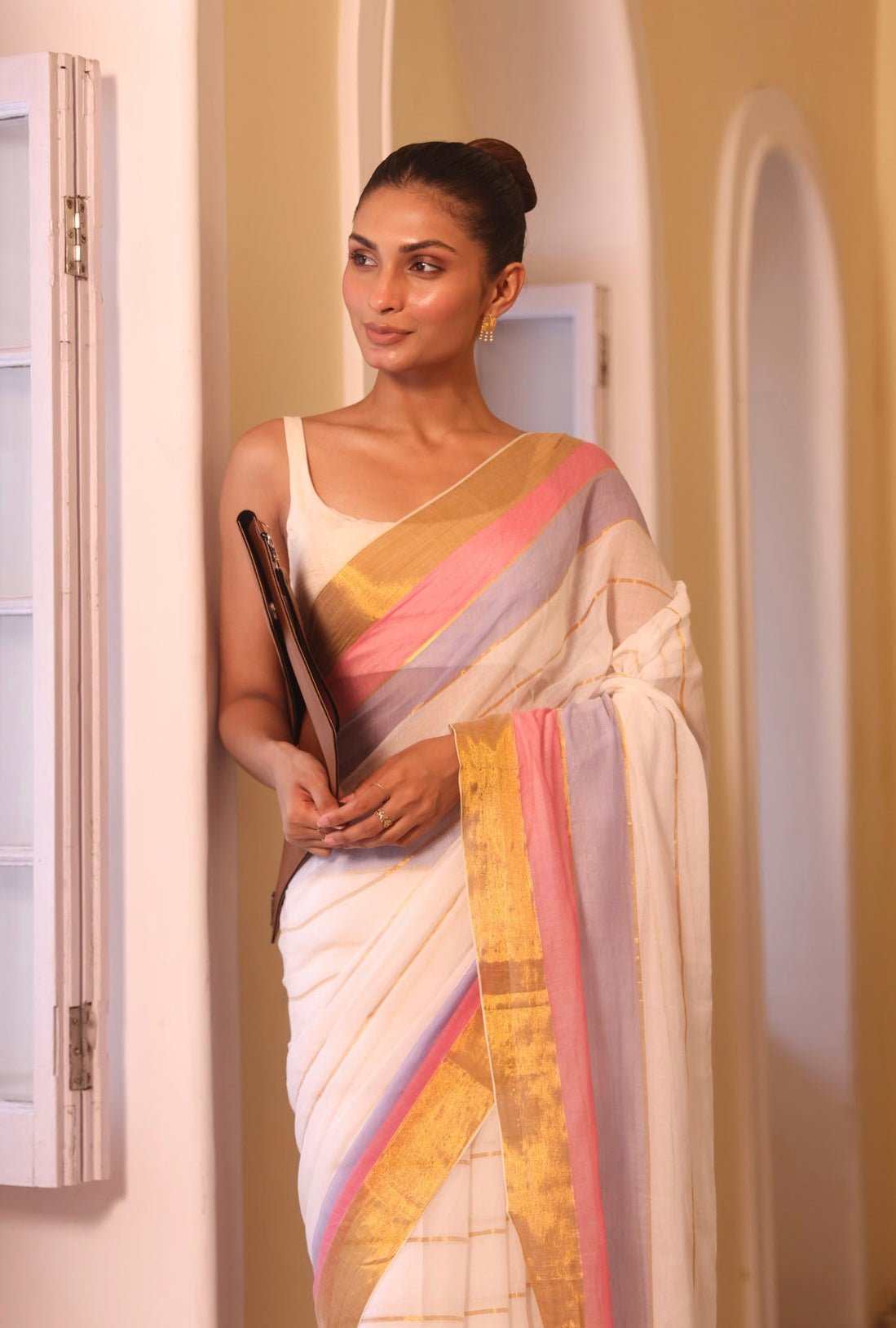 White Mulmul Cotton Saree with Golden Zari Check Border with BP