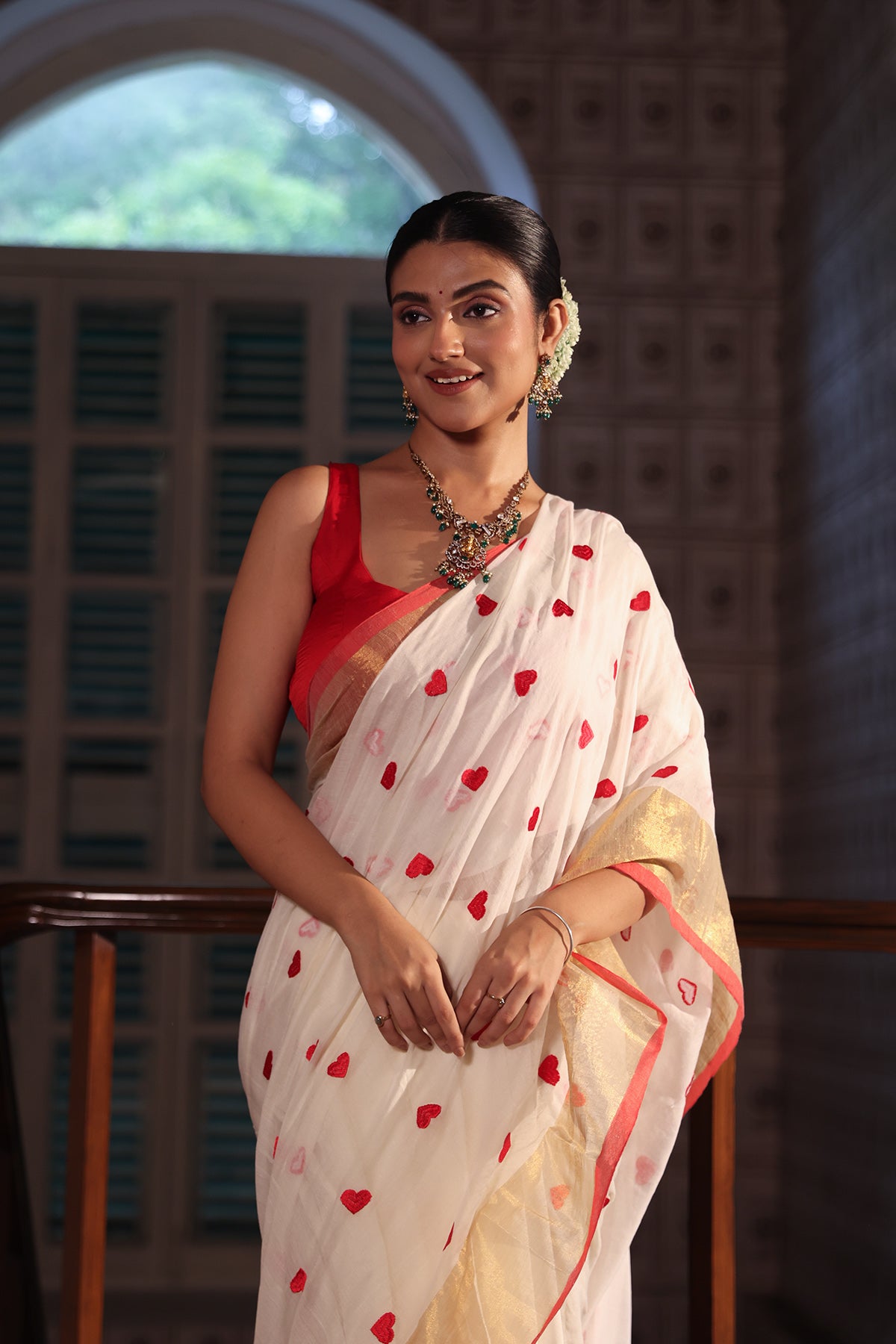 Off white Love embroidery Pure Mulmul Cotton Saree