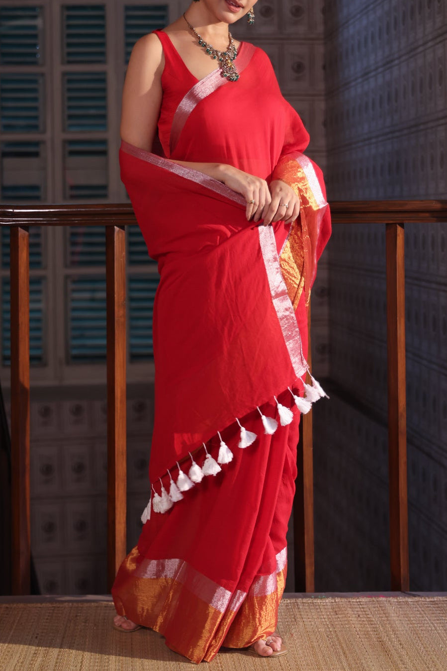 Red Mulmul Cotton Saree with Golden & Silver Zari Border