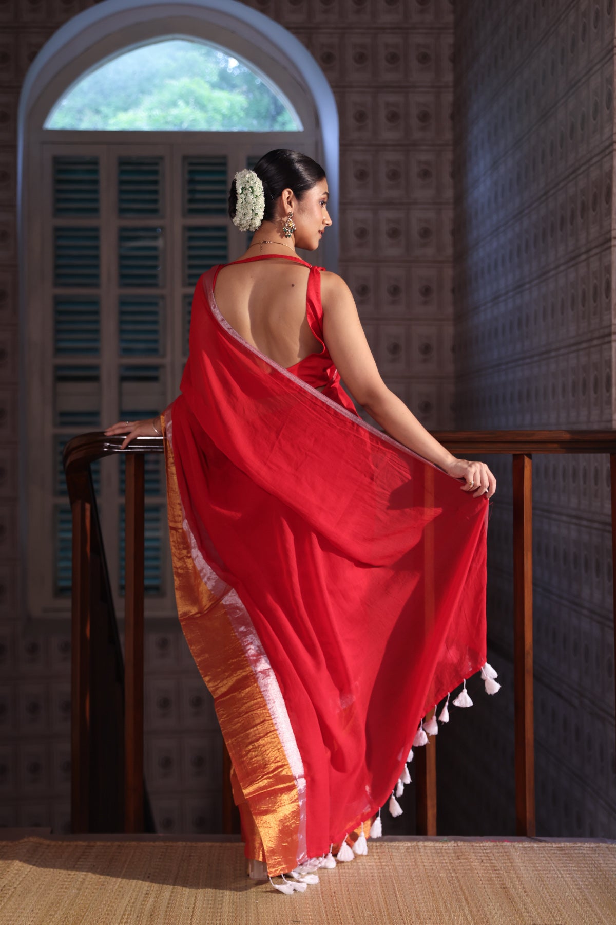 Red Mulmul Cotton Saree with Golden & Silver Zari Border