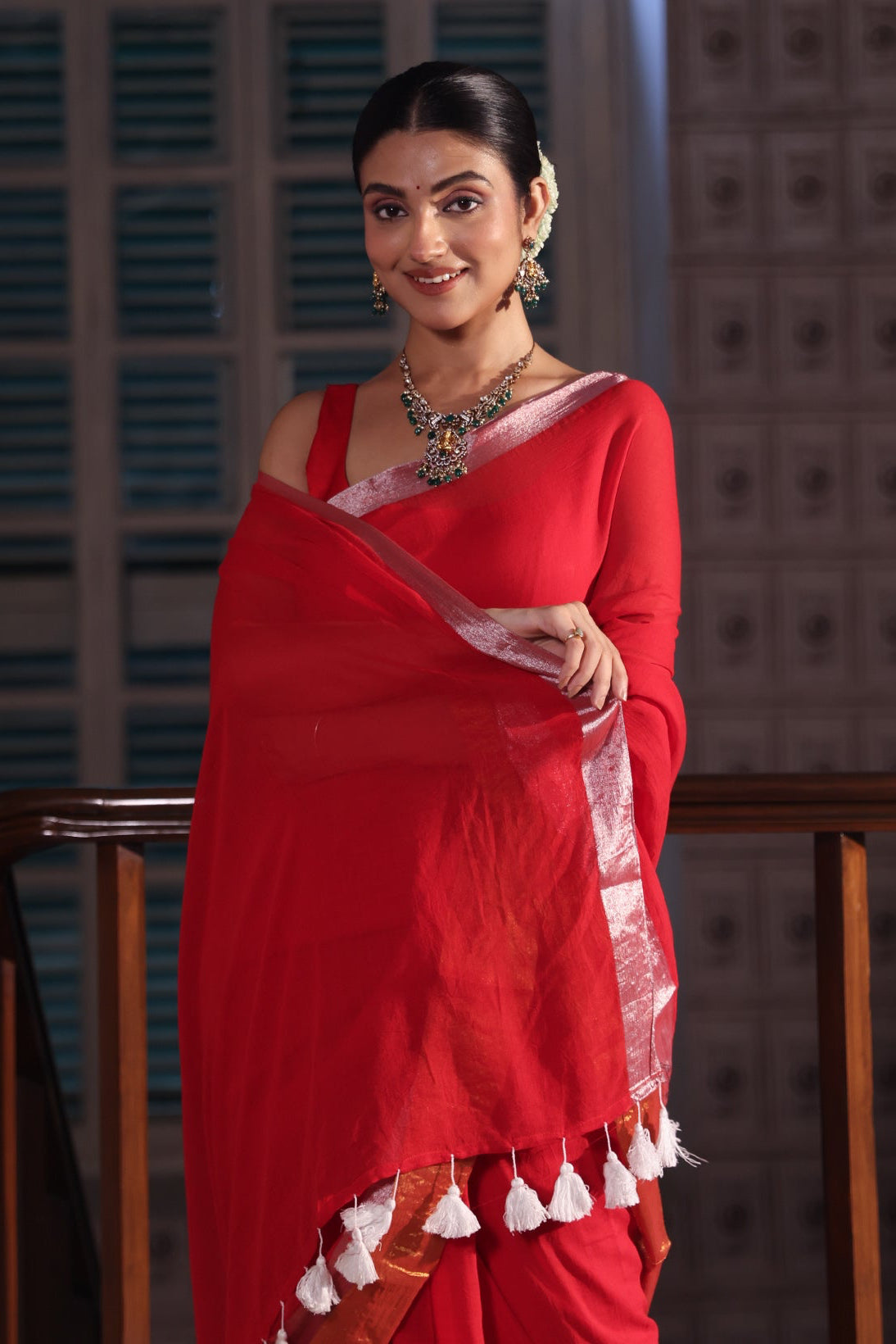 Red Mulmul Cotton Saree with Golden & Silver Zari Border
