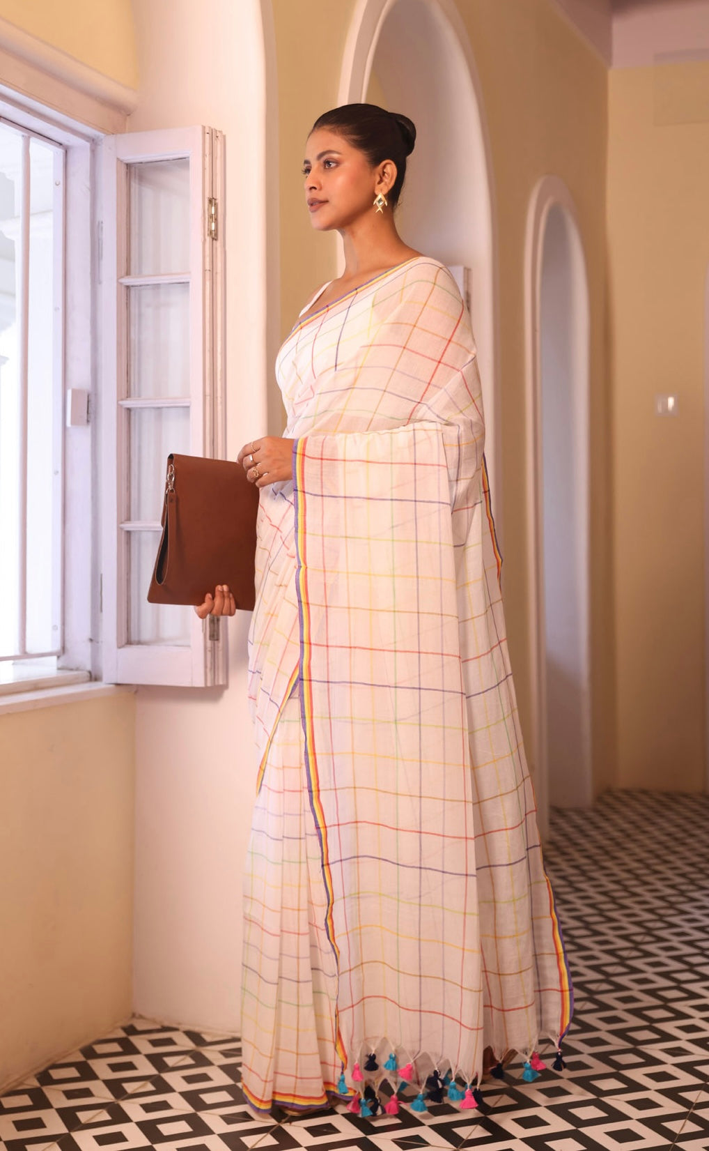 White Pure Mulmul Cotton Saree with Multicolor Checks