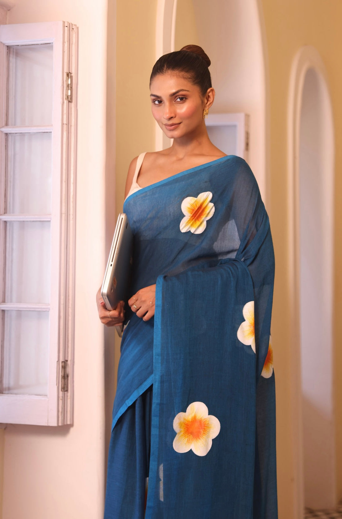 Navy blue Hand-Printed Floral Mulmul Cotton Saree
