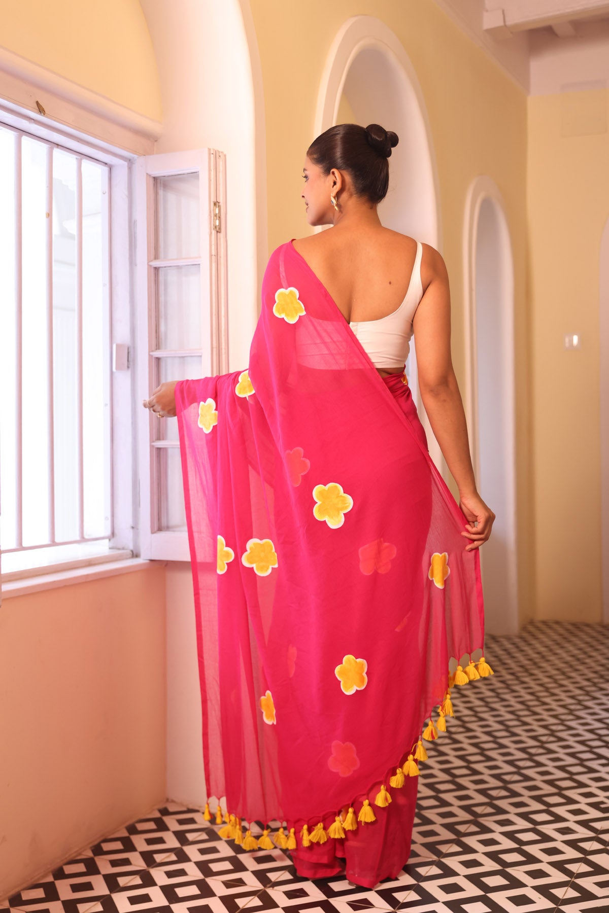 Rani Hand-Printed Floral Mulmul Cotton Saree