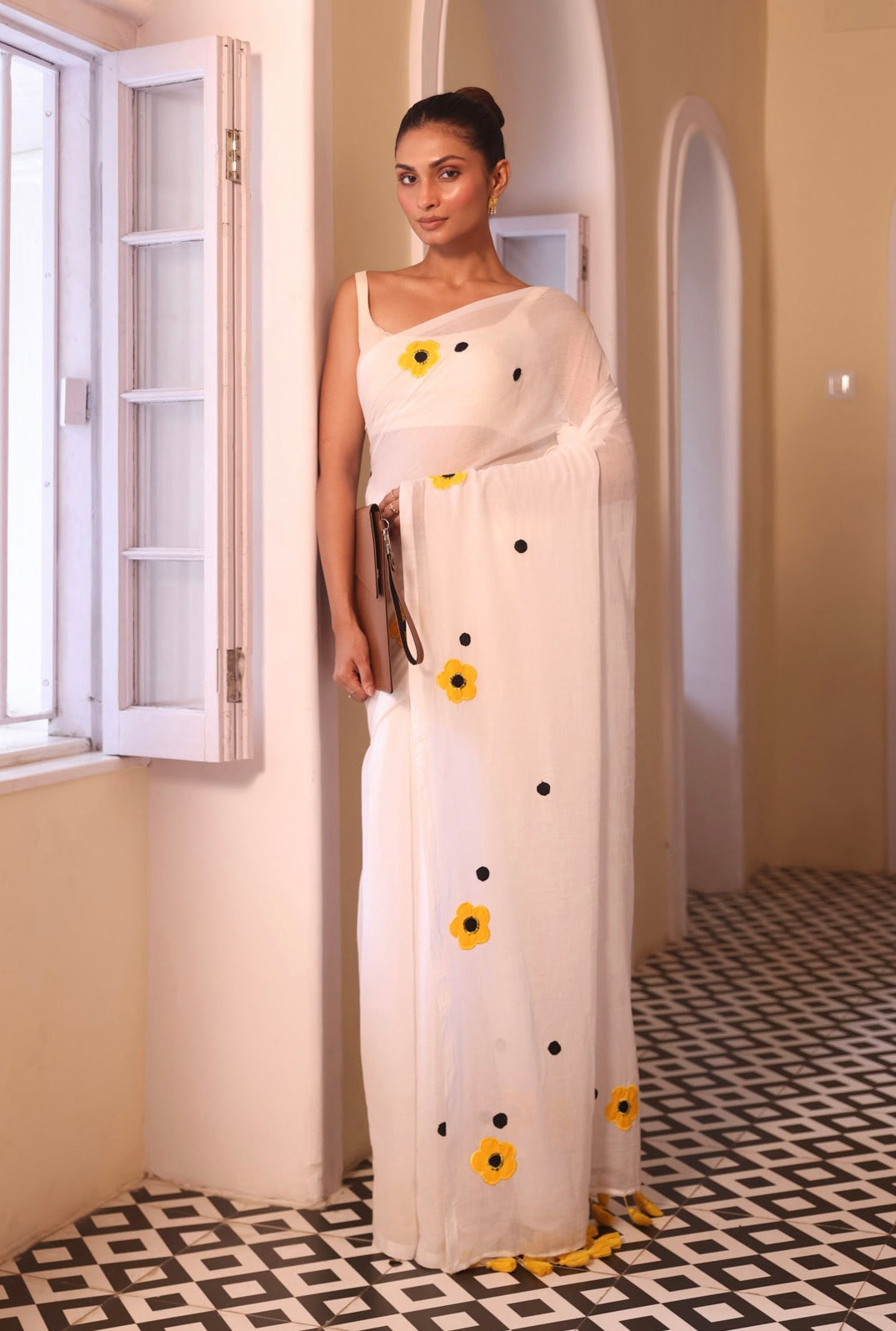 White Mulmul Cotton Saree with Floral Applique Work