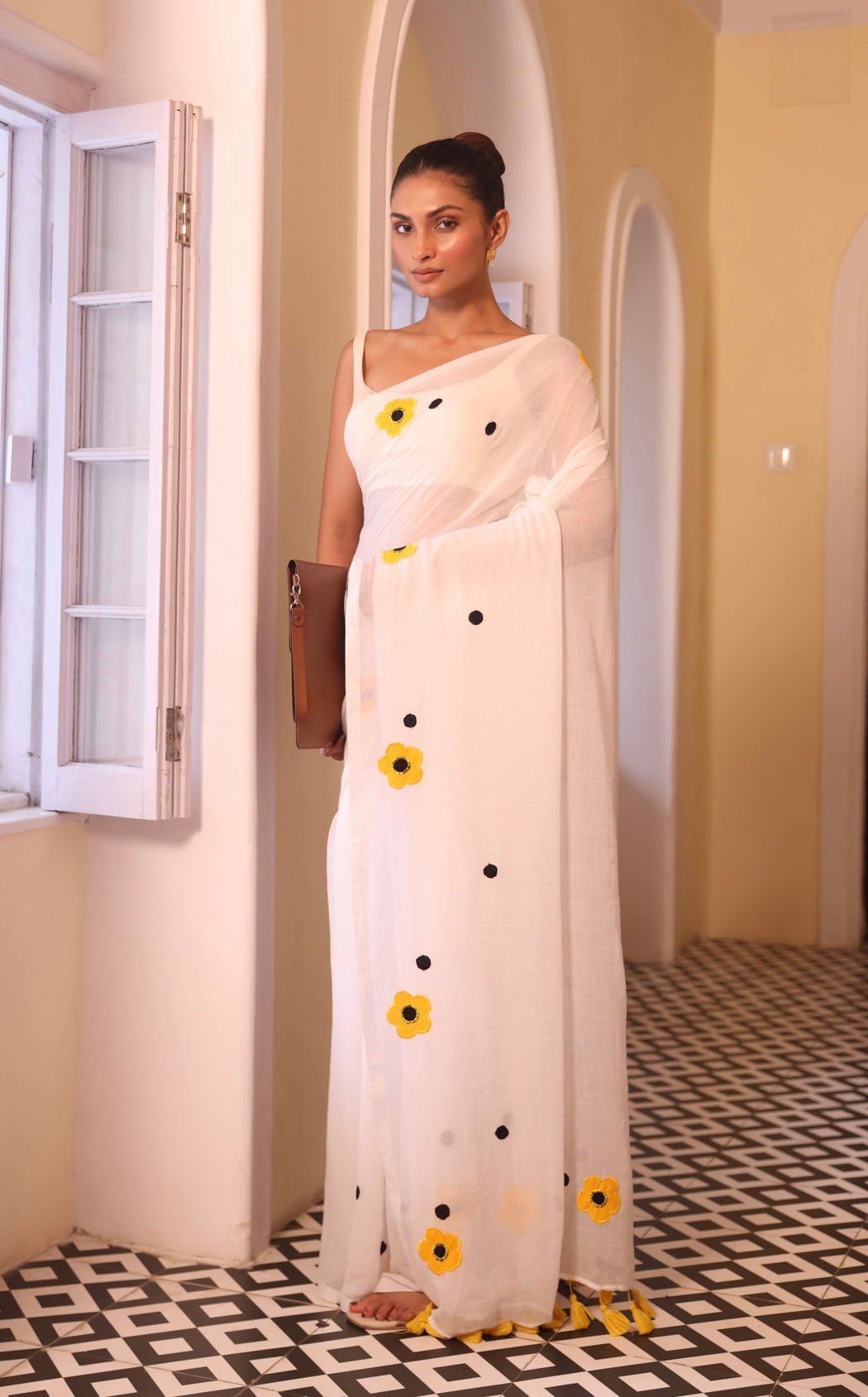 White Mulmul Cotton Saree with Floral Applique Work