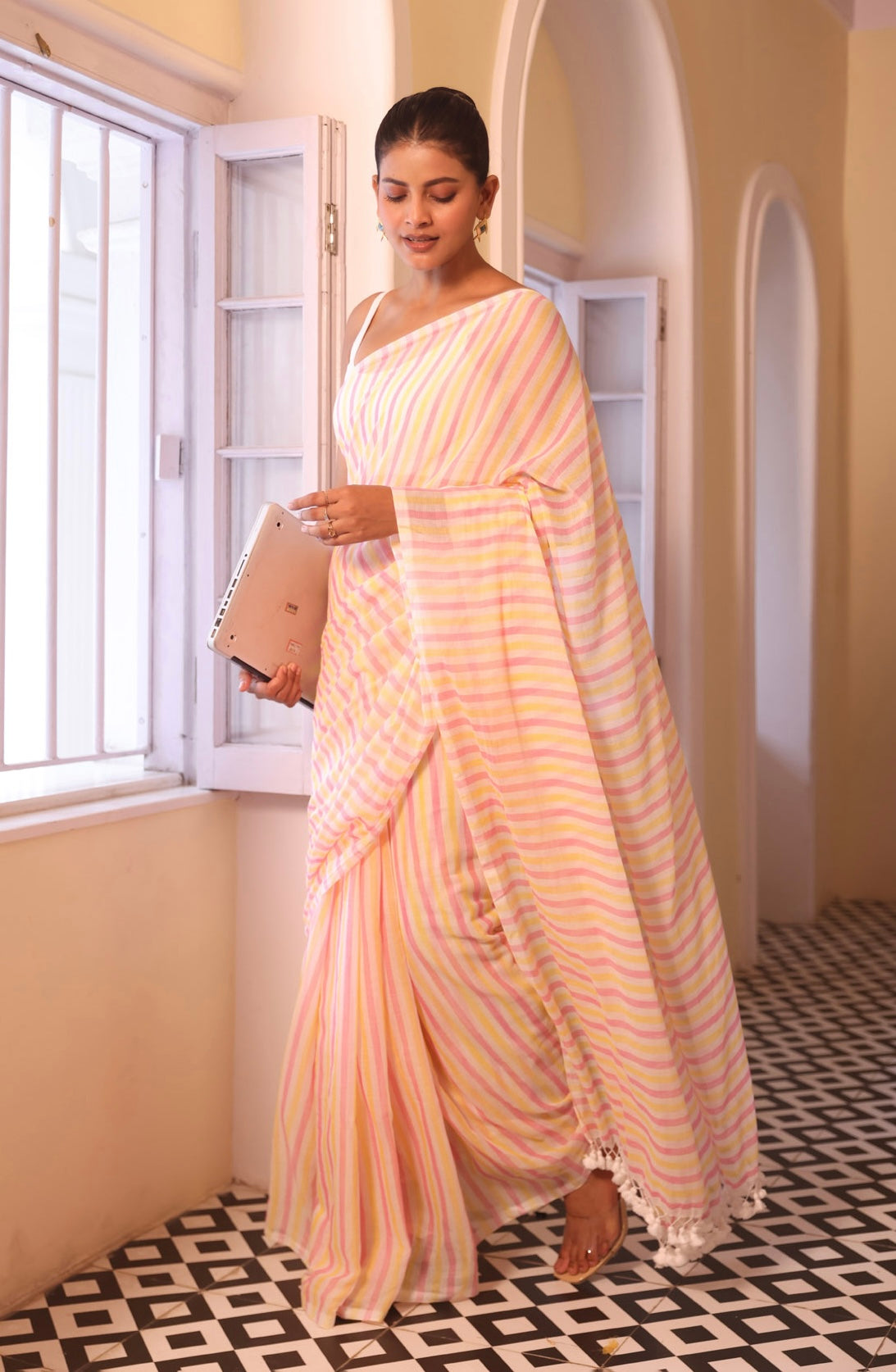 White& Pink Multicolour Stripes Mul Mul Cotton Saree