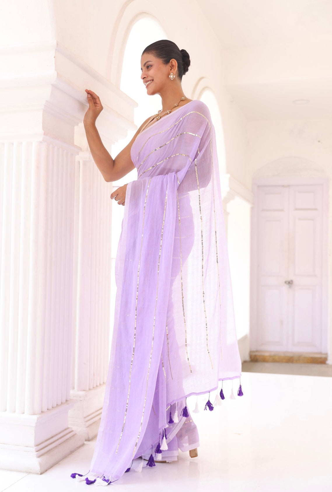 Lavender Sequins Work Mul Mul Cotton Saree