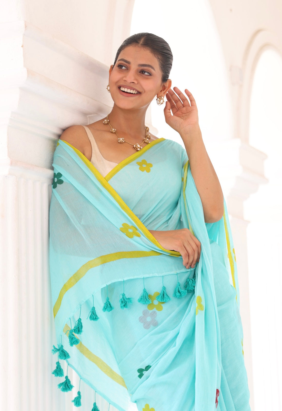 Seafoam handprinted mulmul cotton saree