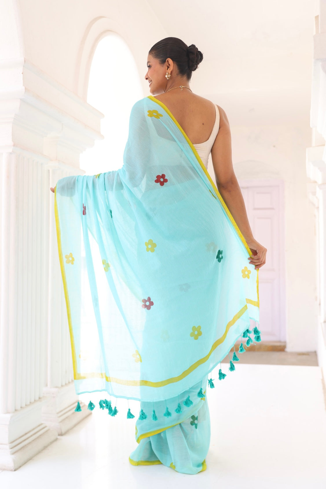 Seafoam handprinted mulmul cotton saree