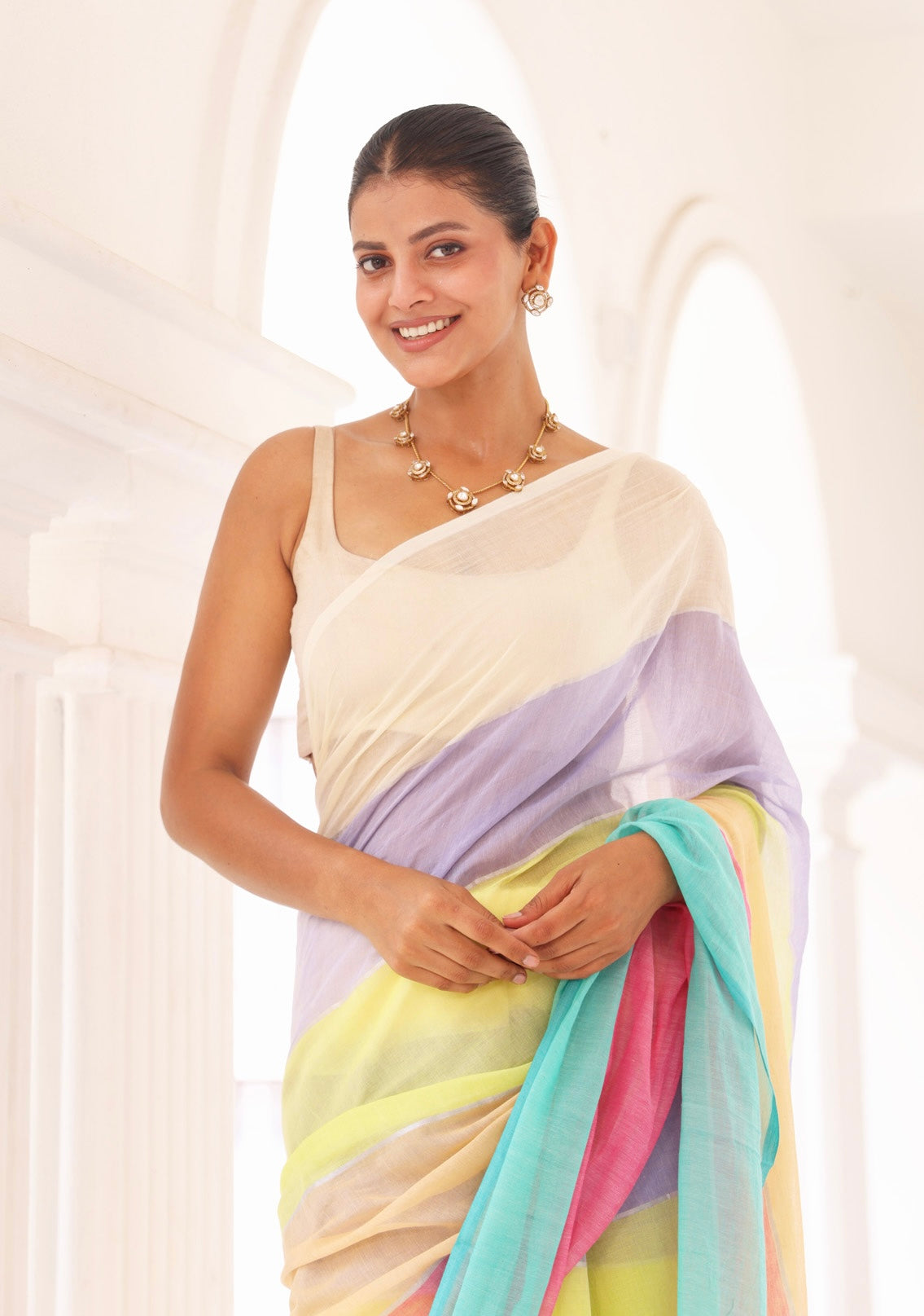 Multicoloured Pure Mul Cotton Saree
