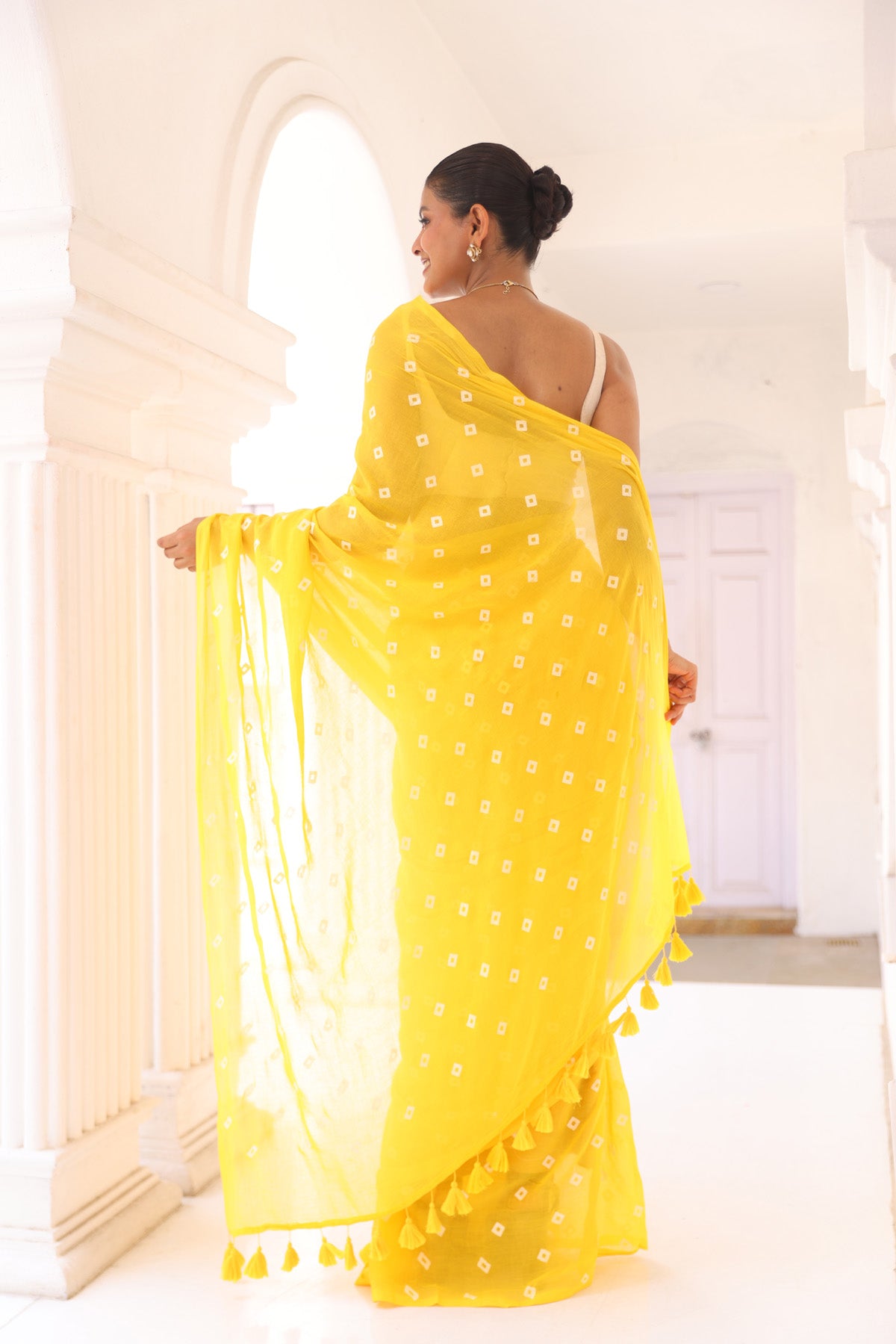 Yellow handprinted mulmul cotton saree
