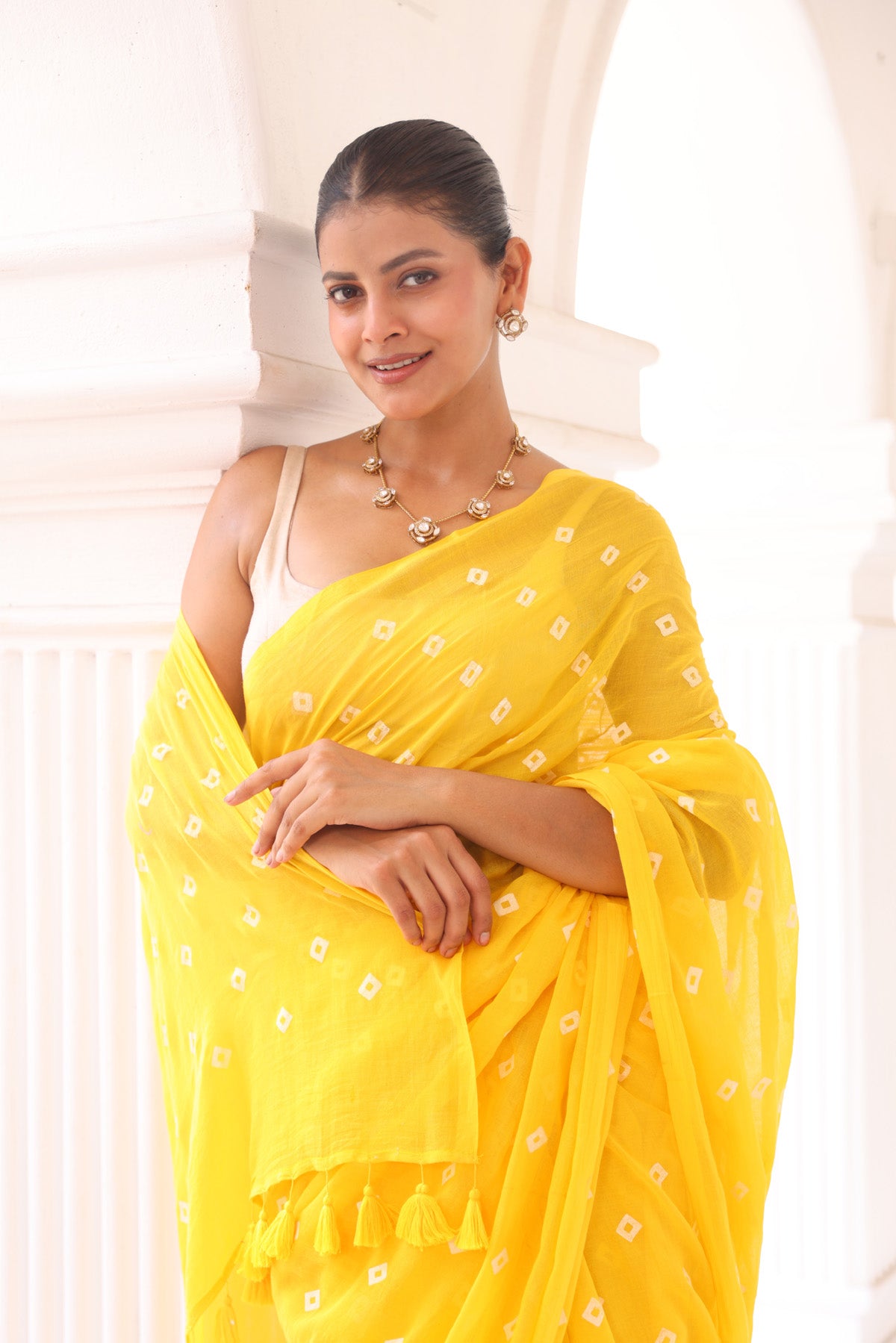 Yellow handprinted mulmul cotton saree