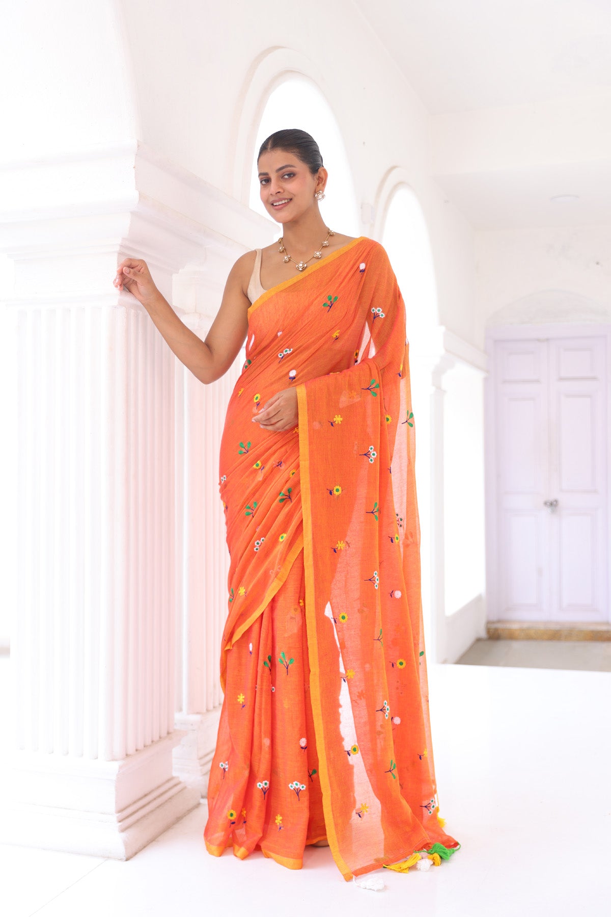 Orange Embroidered Mulmul Cotton Saree