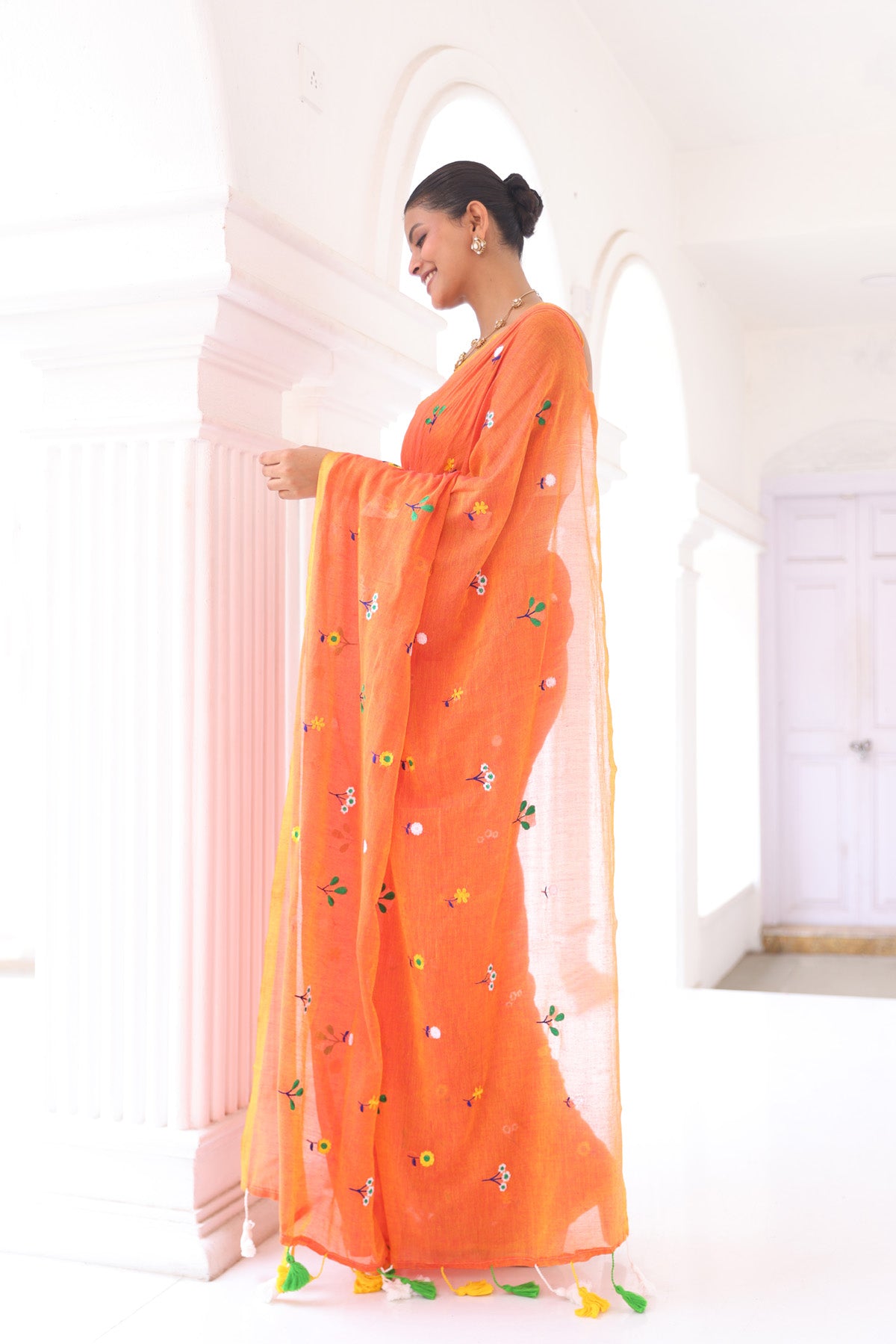 Orange Embroidered Mulmul Cotton Saree