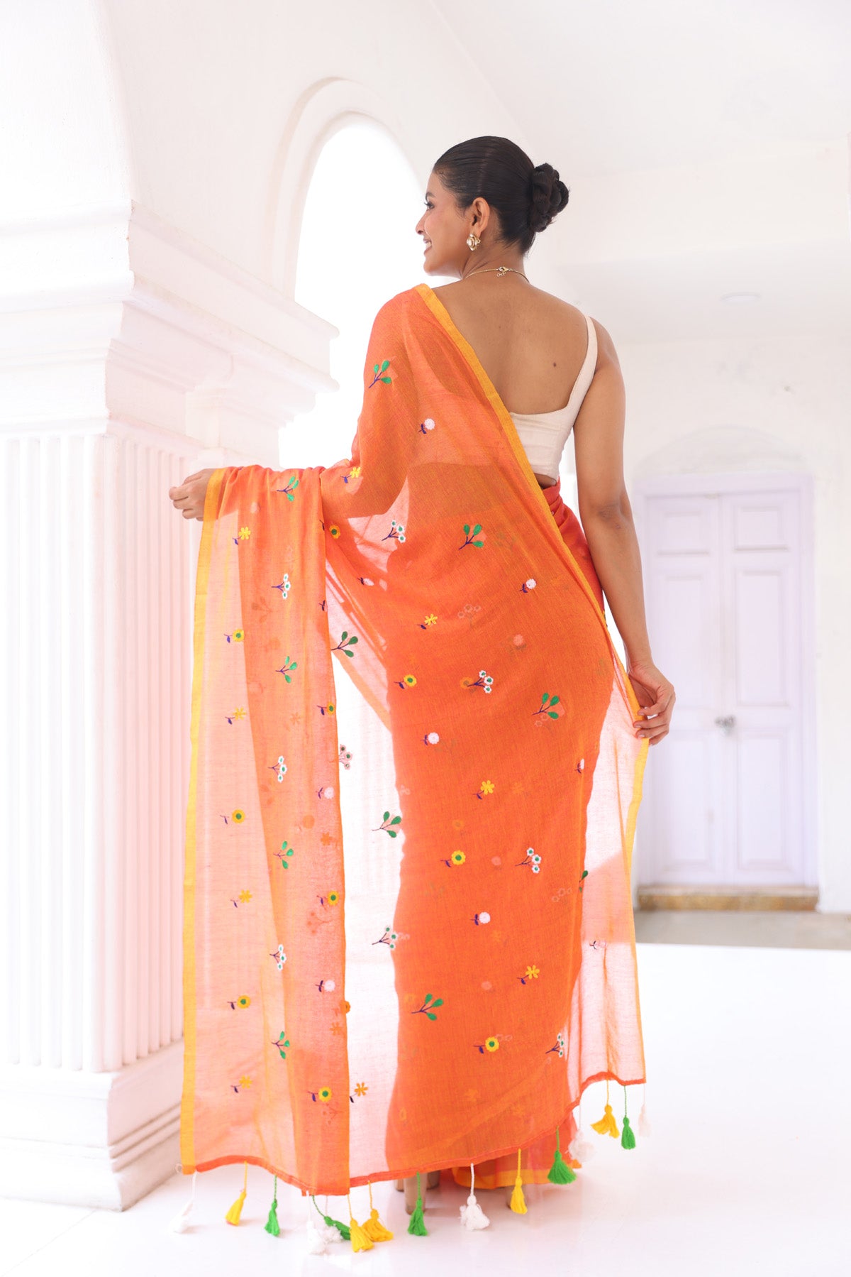 Orange Embroidered Mulmul Cotton Saree