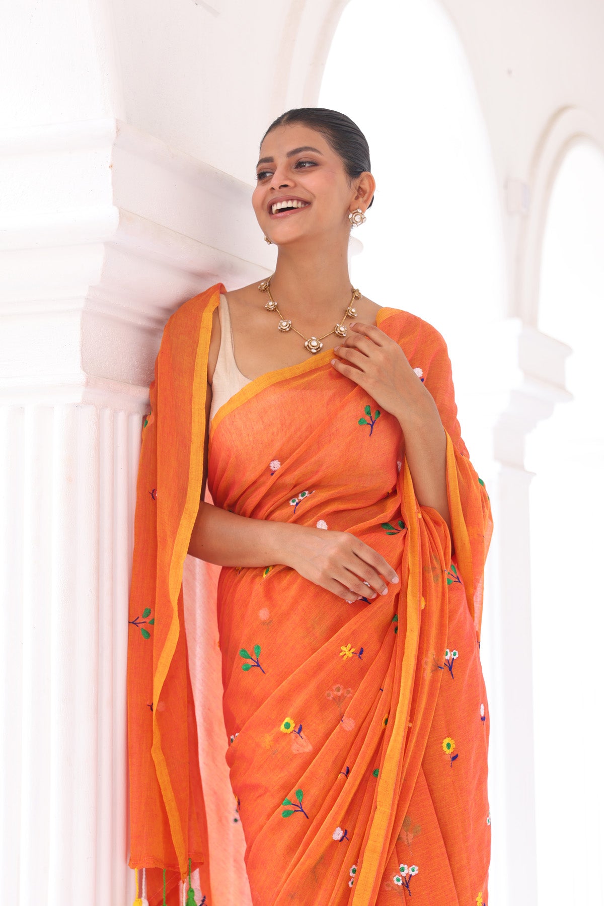 Orange Embroidered Mulmul Cotton Saree