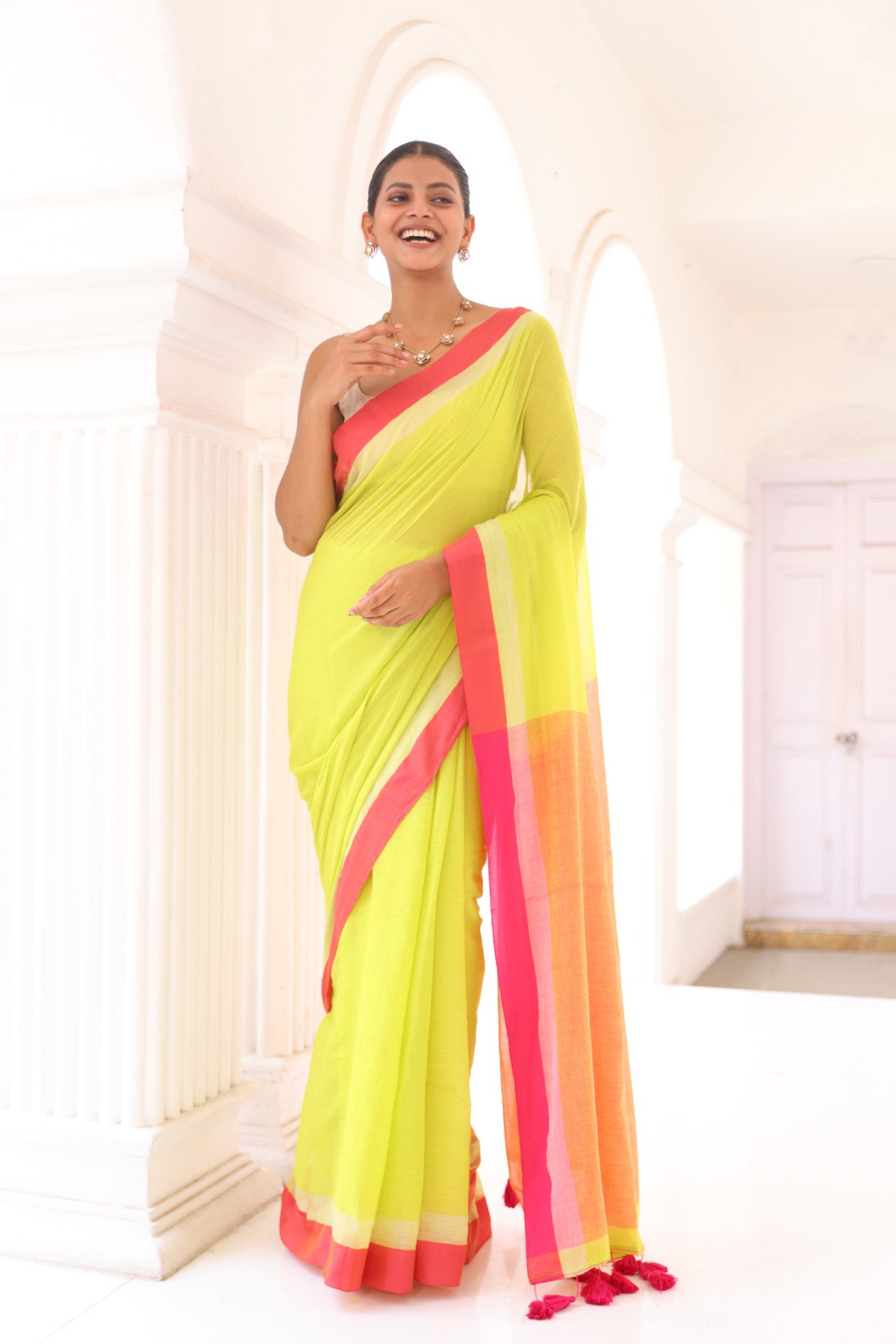 Light green & Rani mulmul cotton saree