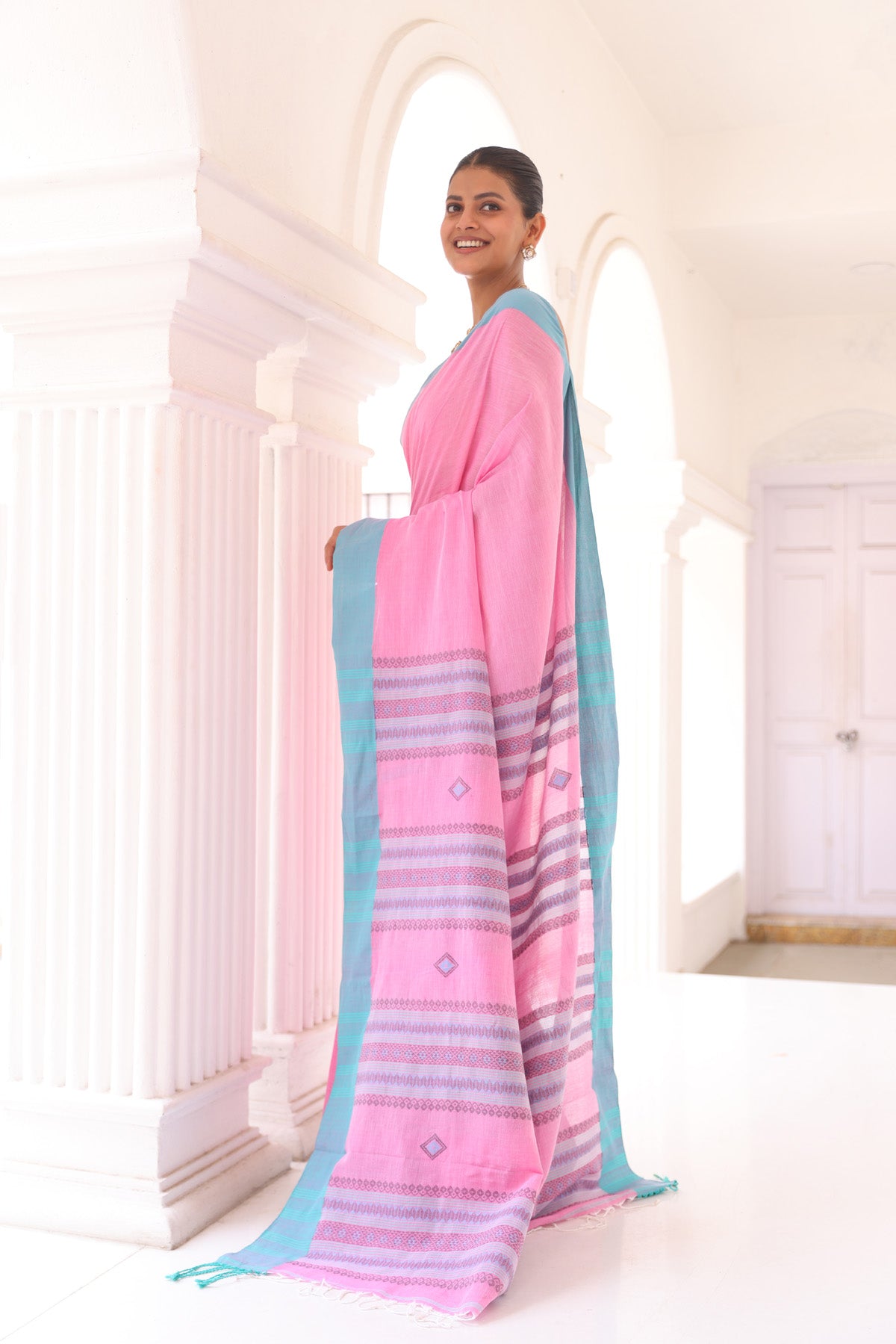 Pink Assam Cotton Handweaving Saree with blouse piece
