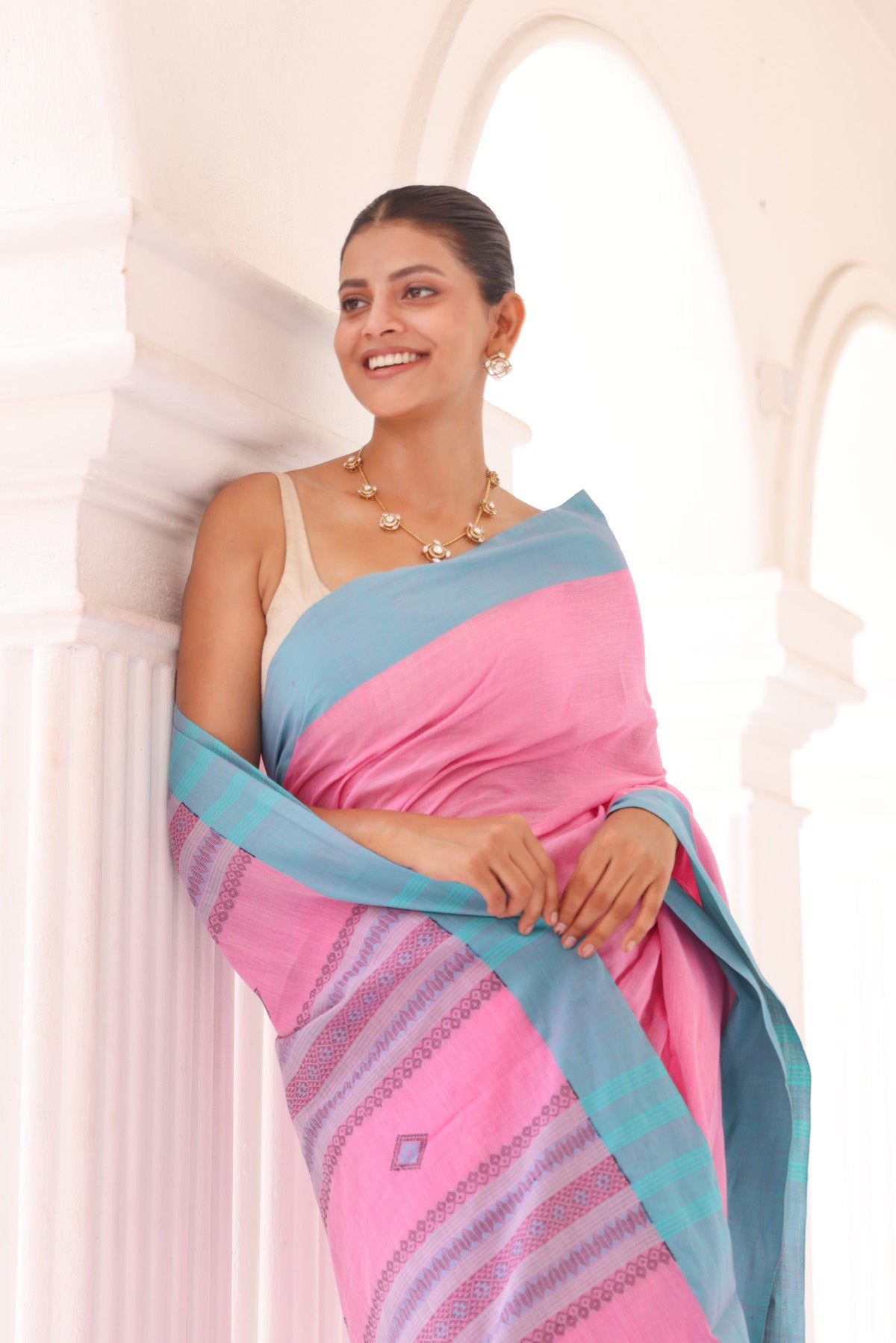 Pink Assam Cotton Handweaving Saree with blouse piece
