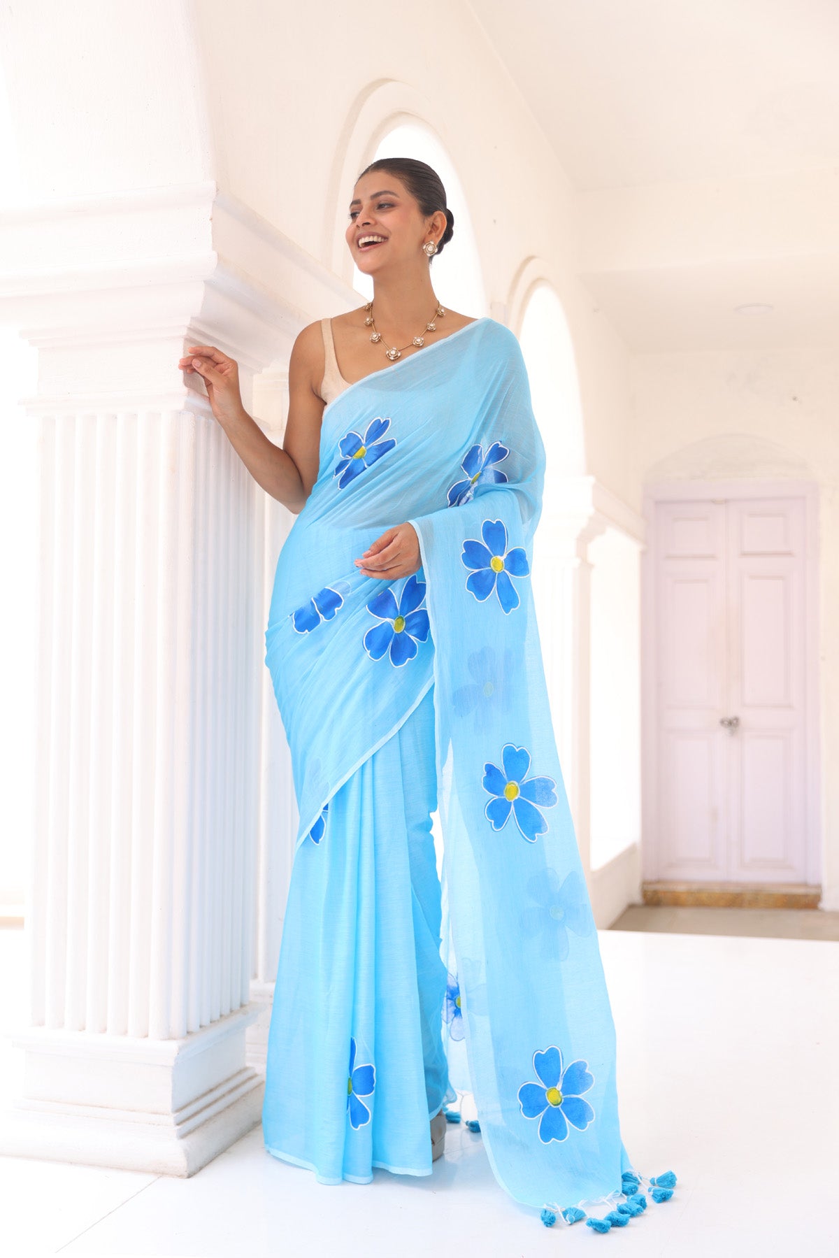Sky blue hand Printed Mul Mul Cotton Saree
