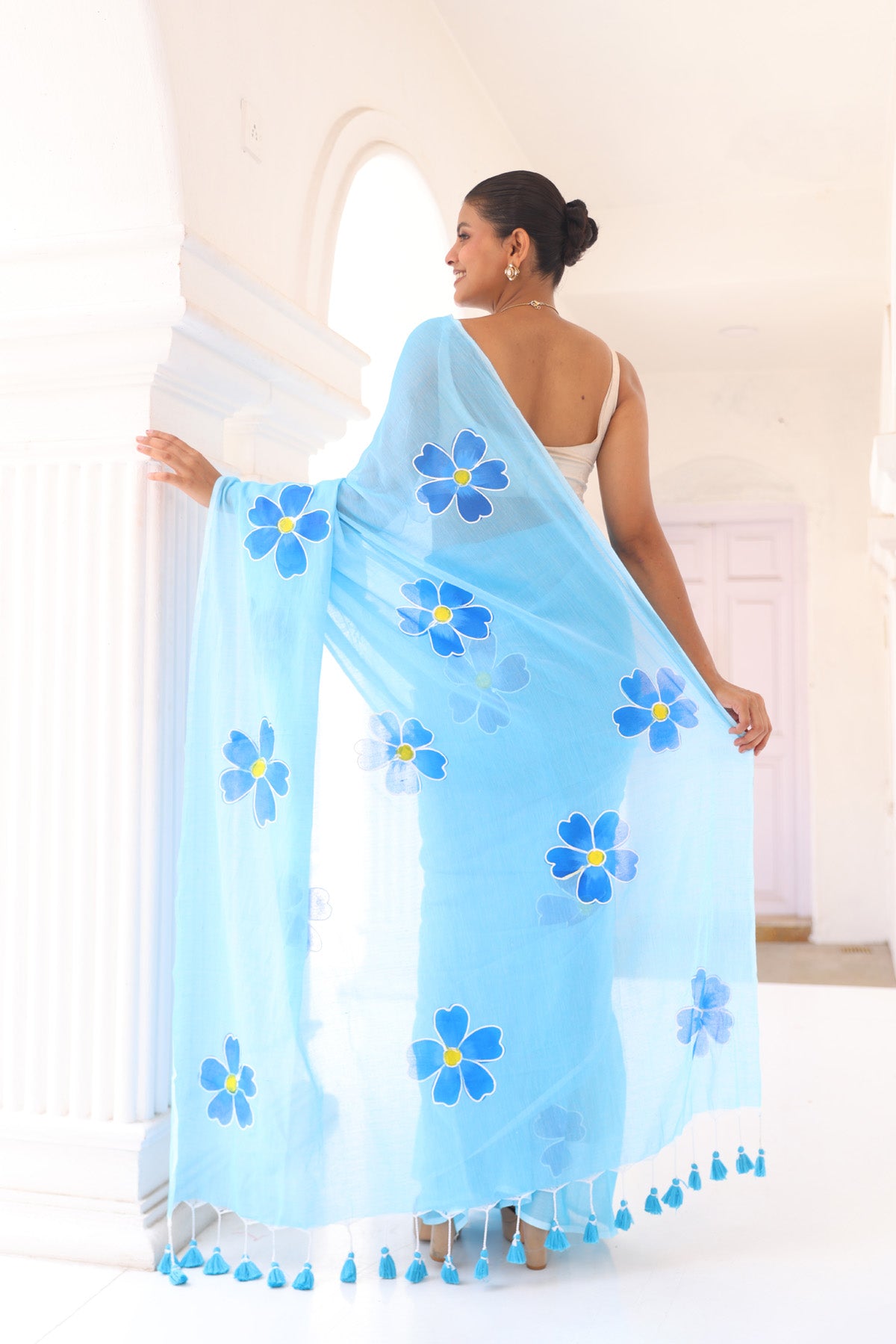 Sky blue hand Printed Mul Mul Cotton Saree