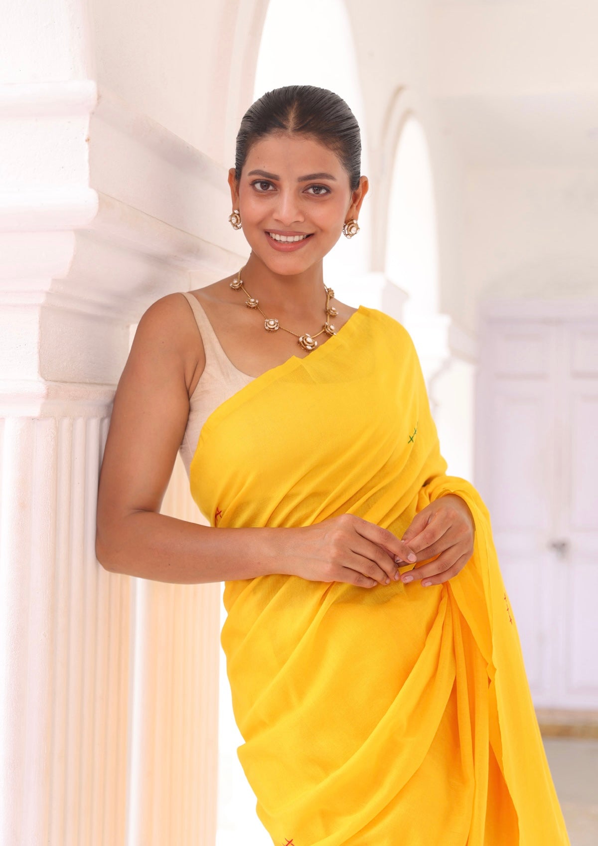 Yellow mul Cotton Saree with Mirror Work & Pompom Border